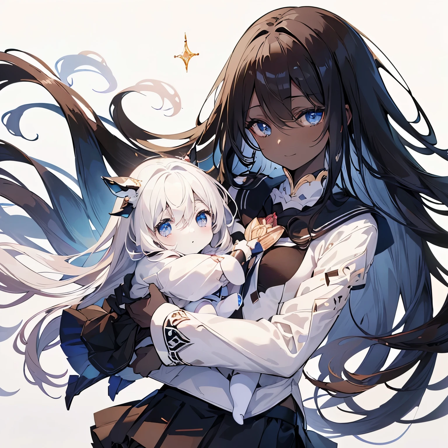 (masutepiece:1.2, Best Quality), (Best Illumination, extremely delicate and beautiful), [(1 girl in:1.5),(choco skin:1.5), smile, (sparkling navy blue eyes:1.3), (black hair:1.5) , flat chest,small stature,slender beauty,black coat, (blackskirt:1.5)Full body],(Pale white background:1.5),