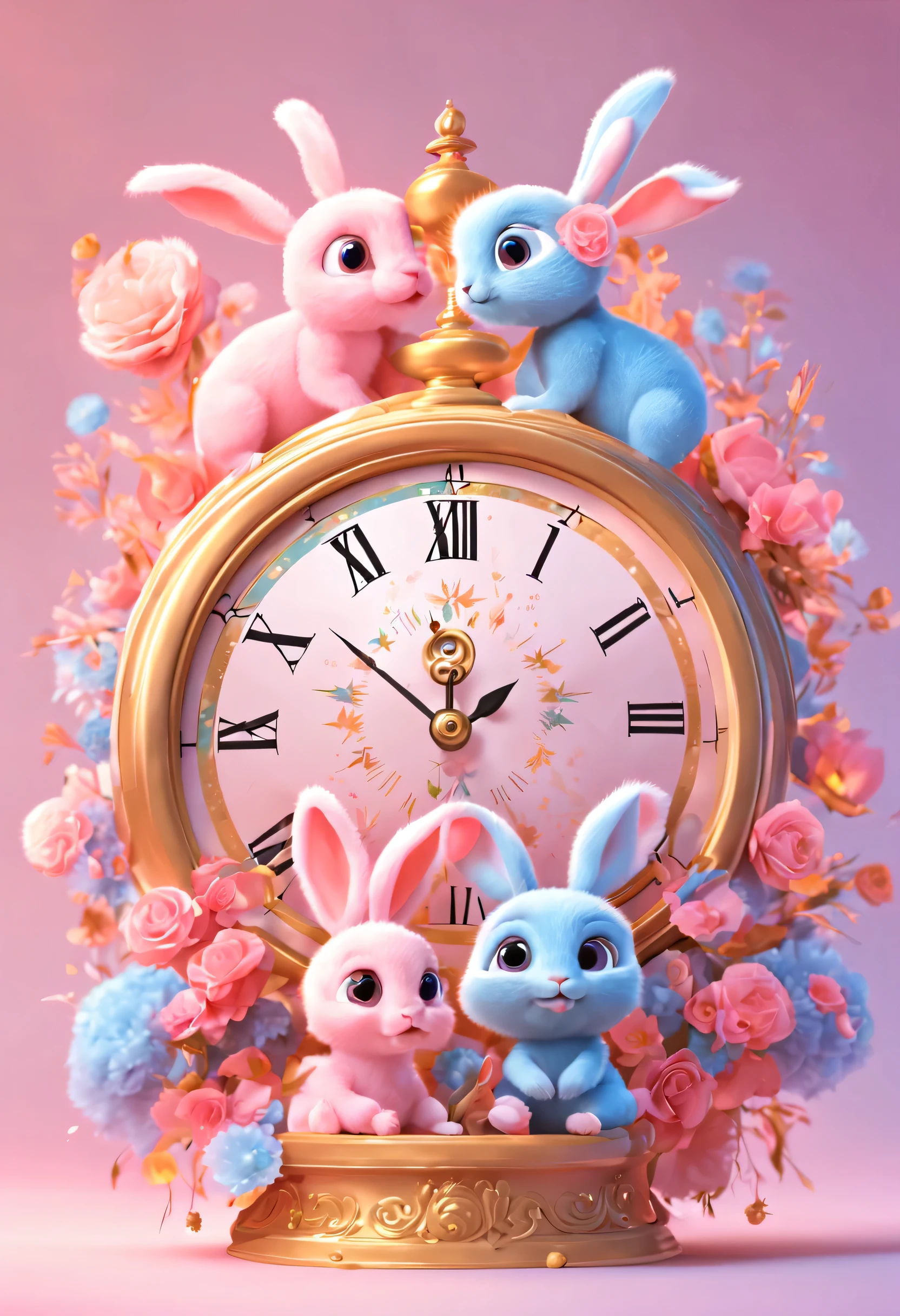 2024 New Year&#39;s Eve Poster Design，Pink and blue as main colors，（In the center of the poster is a golden bell with the time 12 o&#39;bell），There is a cute  bunny and a baby dragon above and below the bell，hairy curly hair，Happy，Describe the past and future respectively，Golden Numbers 2023 and 2024，connected by love，fresh flowers，3 Rendering，number art，Made by Pixar，，And so cute