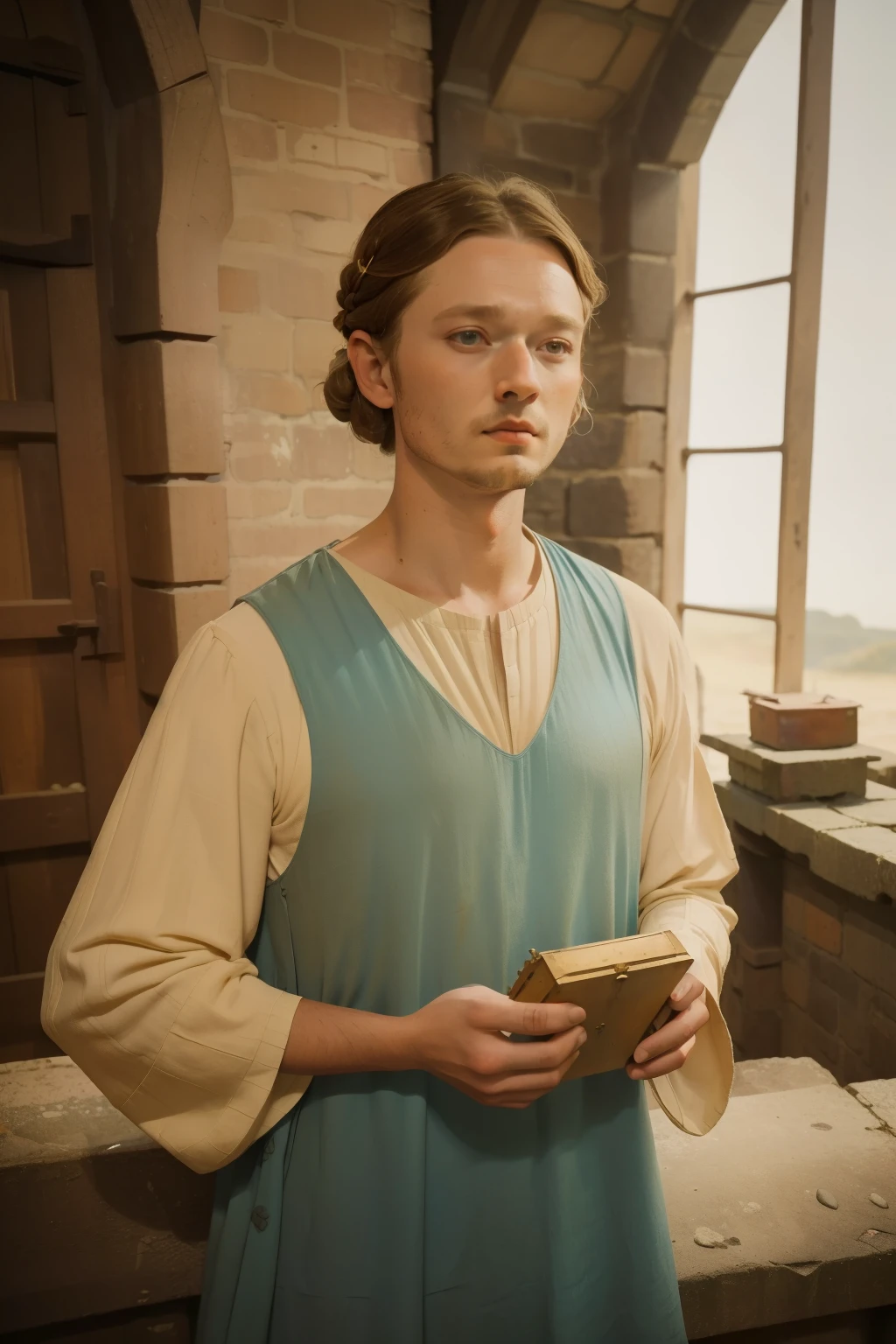 1152, Kingsbridge, England. Otherworldly scene in a medieval construction site, ((((31-year-old)) Levi Miller)), begging for a job, ((desperate expression)), ((((plain tunic from the 12th century)))), ((Hairstyle of the 12th century)), ((Wes Anderson cinematic style)), colorful