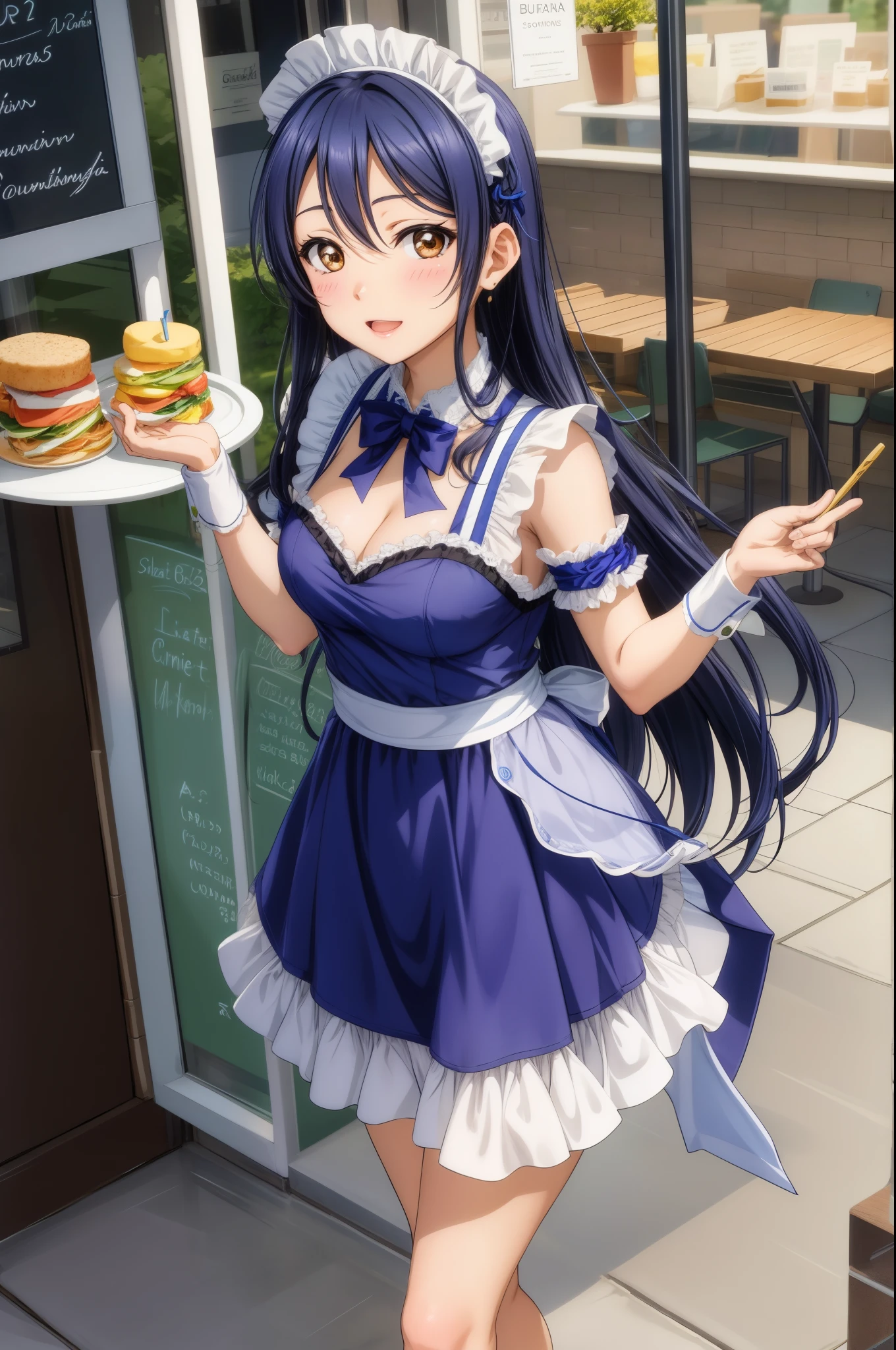 Sonoda umi, long straight hair,maid outfit, short pencil skirt, cleavage,blushing, standing, in cafe