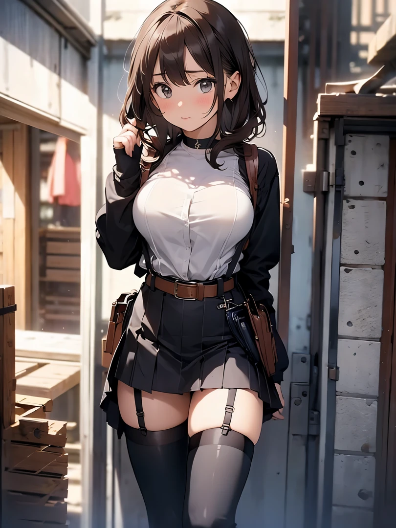 Brown hair、watching at viewers　　　black suspenders　　　Bulging big breasts　　 　 　　　walls: 　Black miniskirt　garters　　　　　　Gaze　　　Small face　bangss 　　　holster　　　Beautuful Women　　hands up　　レッグholster ベッドに横たわる　　Gaze 　black boots panty shot　provocation　flank　flank汗　soio 　　Fold your hands behind your back　a belt