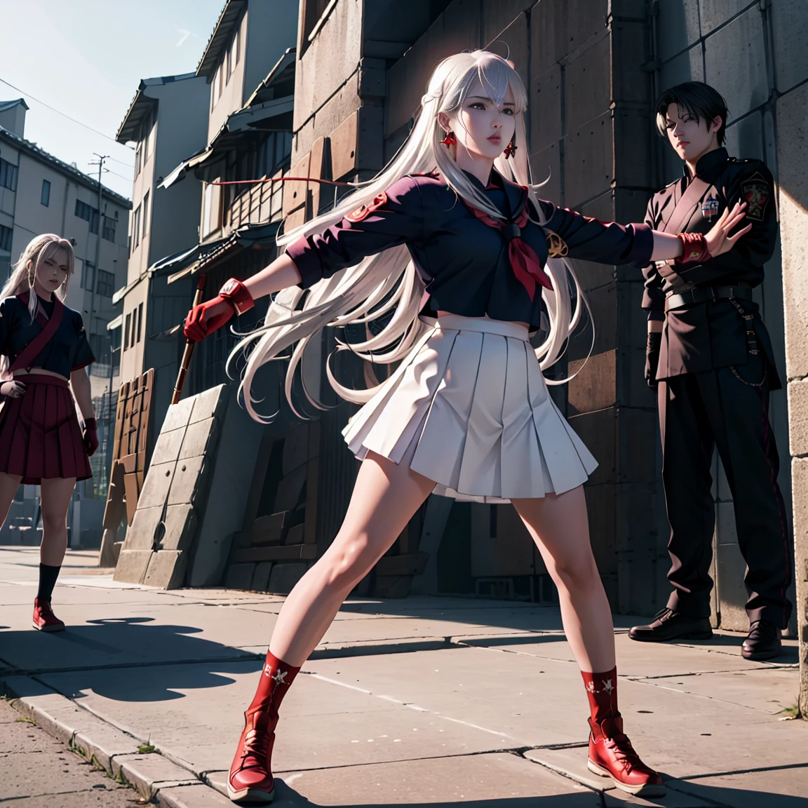 sukeban illyasviel_von_einzbern, mature_female, silver hair, holding yoyo, combat pose, full body, flowing hair, hair between the eyes, asymmetrical hair, red eyes, delicate facial features, sukeban deka clothe, looking_at_viewer, outdoors, background tokyo, ((solo, solo focus, solo girl,1girl))+++++,woman in a 80's sukeban seifuku standing on a set of strees, black school uniform, 80's japanese sukeban photo, sukeban seifuku,  80's japan, sukeban, long black skirt, red converse, full body, light skin tone female, full body, tape, arm_support, gloves, red_gloves, bridal gauntlets, blackred_footwear, fighter outfit, full body, hourglass, mature face, cheeky smile, cheeky face, wrinkles,( silver long hair, earrings, ear piercings), realistic, (fighting art, Martial arts, standing, fighting_stance, fight, fighting), extra colors, 2D, megapixel, perfectionism, accent lighting, full HD , 4K, masterpiece, empty red eyes