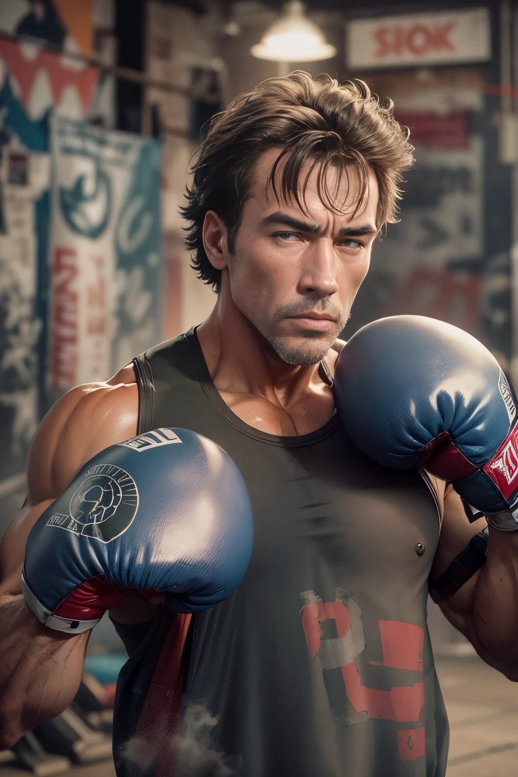 younger self of arnold schwarzenegger in a grungy dim boxing gym he is working out on a punching bag landing powerful punches his body glistens with sweat there is old posters and graffiti on the walls all the equipment is old and worn out