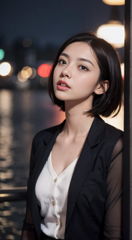 Masterpiece, Best Quality, Extremely detailed, Cinematic Lightning, intriciate detail, high resolucion, Official Art, Beautiful face and eyes with delicate details, high resolucion 그림, 8K, Bokeh, Solo, 1Girl, girl with red eyes,black short hair, Beautiful red eyes, beautiful scenery, Rainy city, s whole body, looking up at viewer,stocklings,