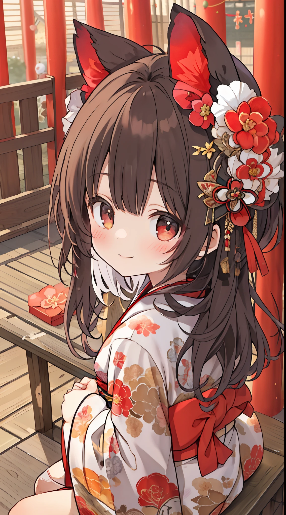 masterpiece, top-quality, 1girl in, The upper part of the body, sitting on, shorth hair, , A dark-haired, 、Kimono with red Japan, From above、New Year、A smile、kirakira、shrines