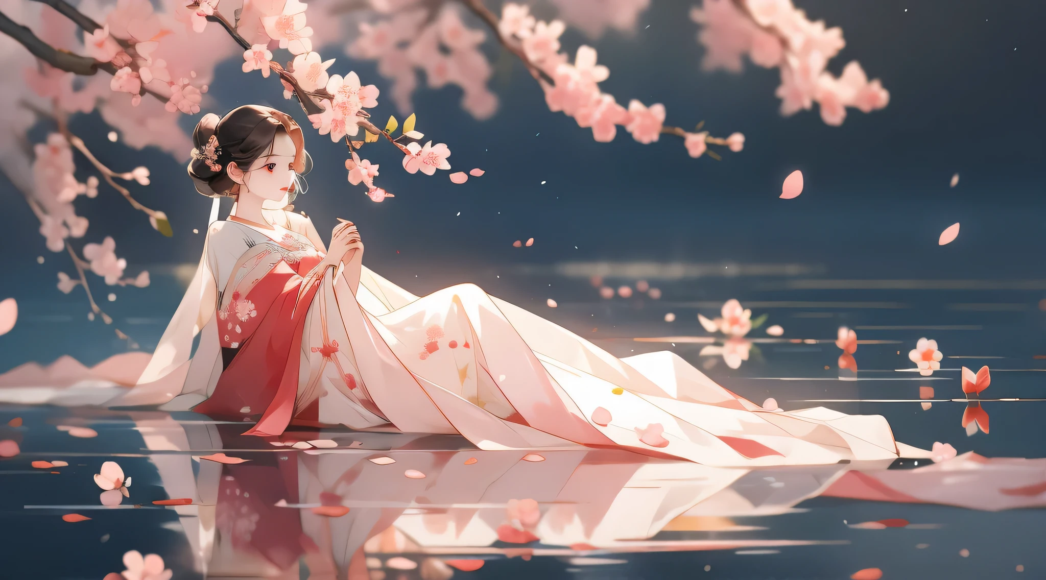 cherrie_blooming flower, fall_petals, Alone,1 girl,upper part of body, looking at viewert,