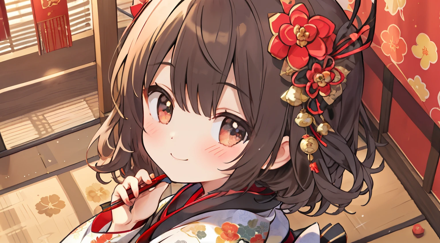 masterpiece, top-quality, 1girl in, The upper part of the body, sitting on, shorth hair, , A dark-haired, 、Kimono with red Japan, From above、New Year、A smile、kirakira、shrines
