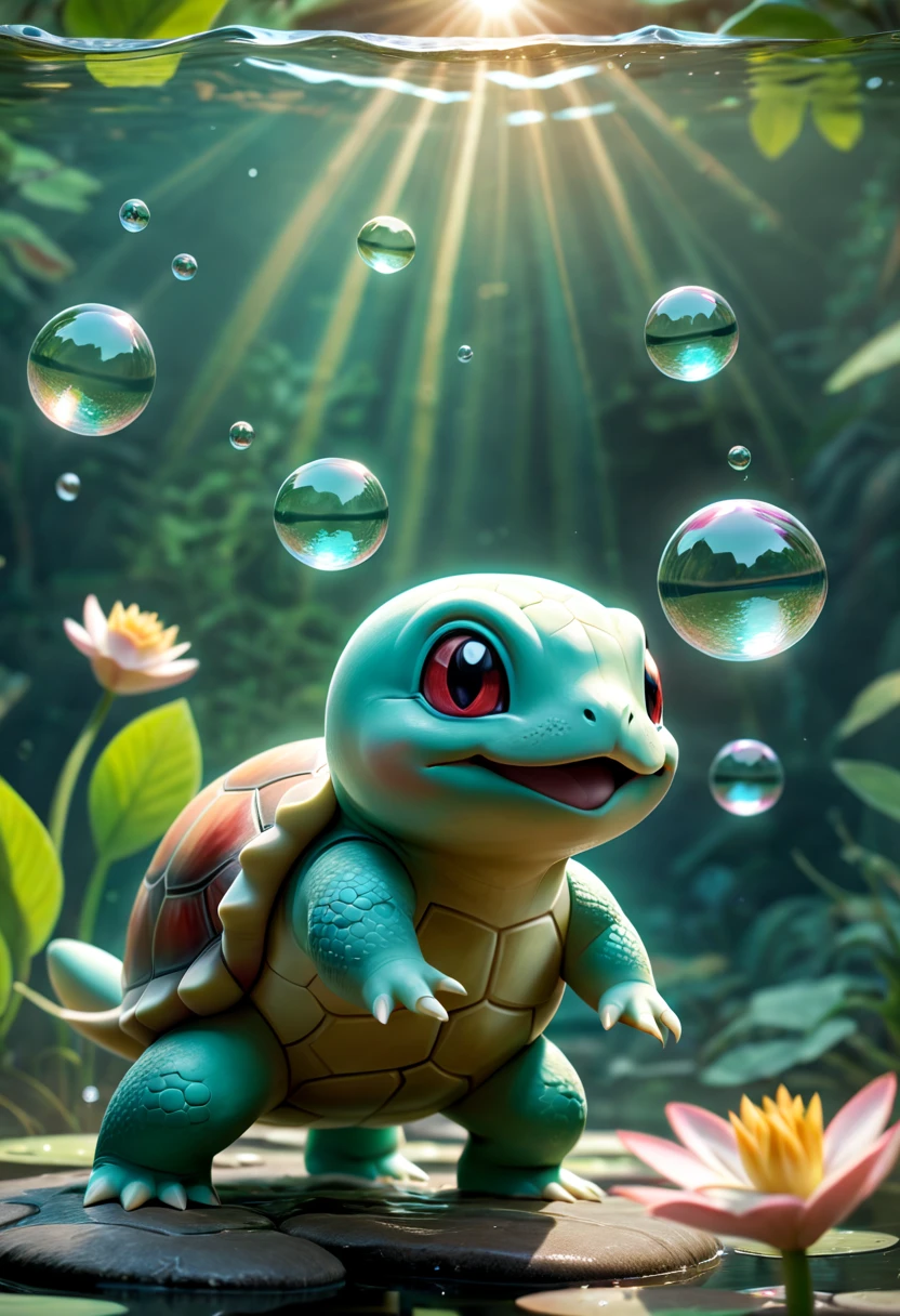 (best quality,4k,8k,highres,masterpiece:1.2),ultra-detailed,(realistic,photorealistic,photo-realistic:1.37),pokemmo,Squirtle,vary tracing,explosive pigmentation,playful character design,playing with light and shadow,joyful and optimistic,charming characters,quito school,illustration,watercolor painting,dynamic poses,transparent hues,colorful palette,lively landscape,outdoor scene,soft lighting,scenic background,crystal clear water,floating lily pads,elegant water ripples,jubilant expressions,character interaction,sparkling sunlight,freshwater splashes,delicate brush strokes,glossy finish,water reflections,energetic movements,playful water bubbles,creative camera angles,gleaming eyes,smooth lines,cute facial features,adventurous atmosphere,open-air setting,pokemon trainers in the background,magical atmosphere.