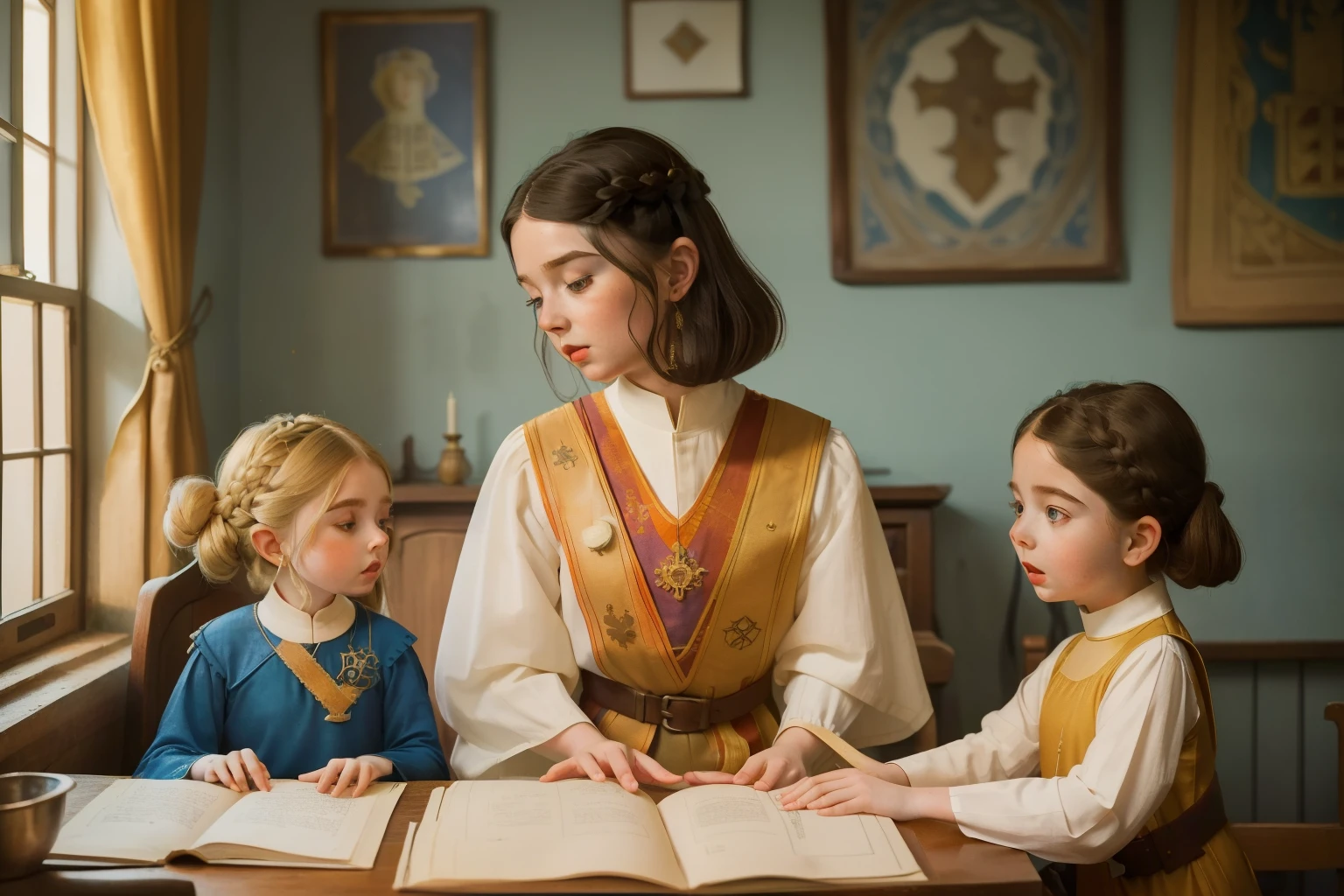 1152, Kingsbridge, England. Otherworldly scene in a medieval house, ((((22-year-old)) Mckenna Grace)), teaching a 9-year-old boy and a to read, ((((tunic from the 12th century)))), ((Hairstyle of the 12th century)), ((Wes Anderson cinematic style)), colorful