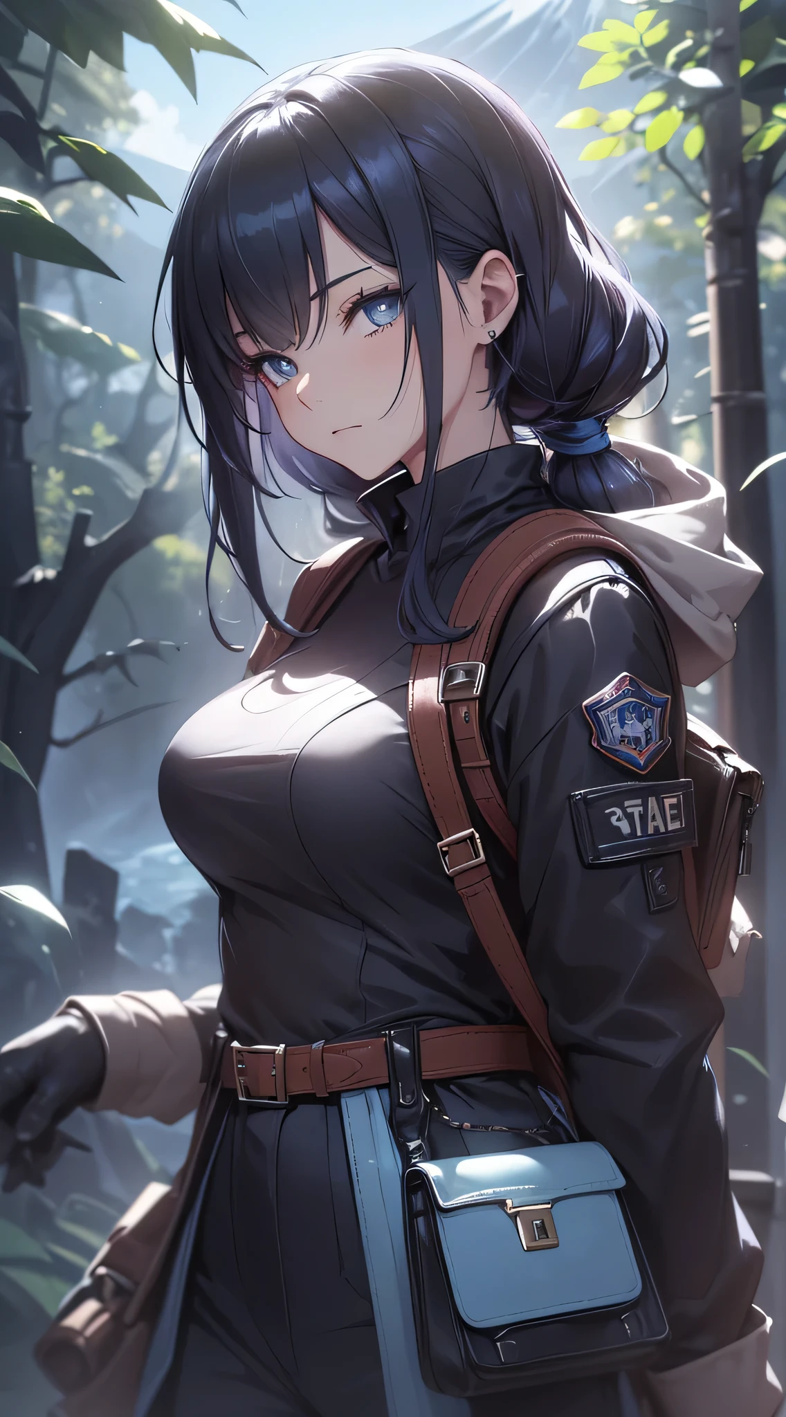 top-quality、Top image quality、​masterpiece、teens girl((18year old、 Ager、Best Bust、Medium bust,wide open breast tea、light blue eyerest, bionde、poneyTail、A slender,Large valleys、Yellow jacket、Black Gloves、Black tank top、Military pants、Blue Rucksack、flash lights、行走、Tired face)),hiquality、Beautiful Art、Background with((jpn、Mt fuji、mountain road、the woods、natta))masutepiece、depth of fields、movie、visualart、Perfect Art