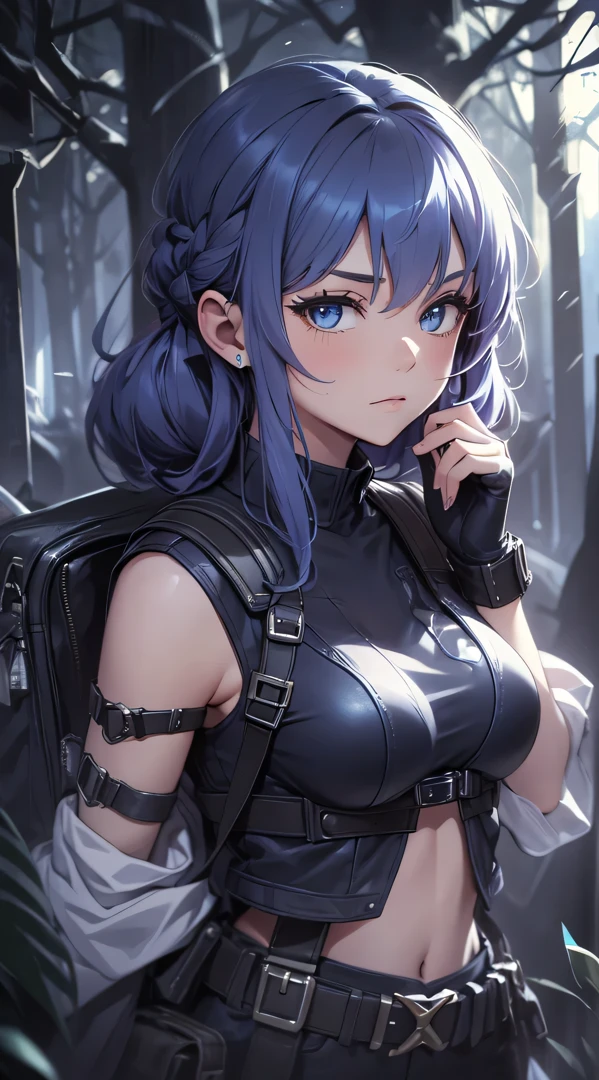 top-quality、Top image quality、masterpiece、s girl((18year old、 Ager、Best Bust、Medium bust,wide open breast tea、light blue eyerest, bionde、poneyTail、A slender,Large valleys、Yellow jacket、Black Gloves、Black tank top、Military pants、Blue Rucksack、flash lights、行走、Tired face)),hiquality、Beautiful Art、Background with((jpn、Mt fuji、mountain road、the woods、natta))masutepiece、depth of fields、movie、visualart、Perfect Art