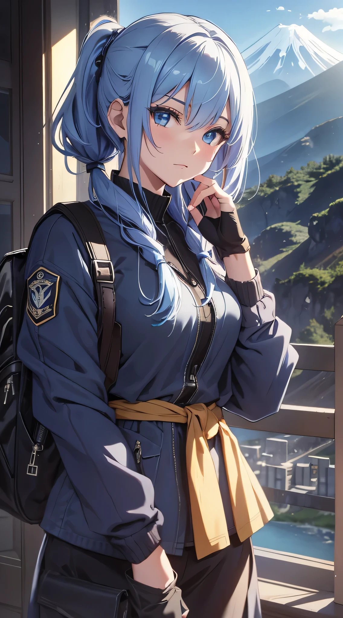top-quality、Top image quality、​masterpiece、teens girl((18year old、 Ager、Best Bust、Medium bust,wide open breast tea、light blue eyerest, bionde、poneyTail、A slender,Large valleys、Yellow jacket、Black Gloves、Black tank top、Military pants、Blue Rucksack、flash lights、行走、Tired face)),hiquality、Beautiful Art、Background with((jpn、Mt fuji、mountain road、the woods、natta))masutepiece、depth of fields、movie、visualart、Perfect Art