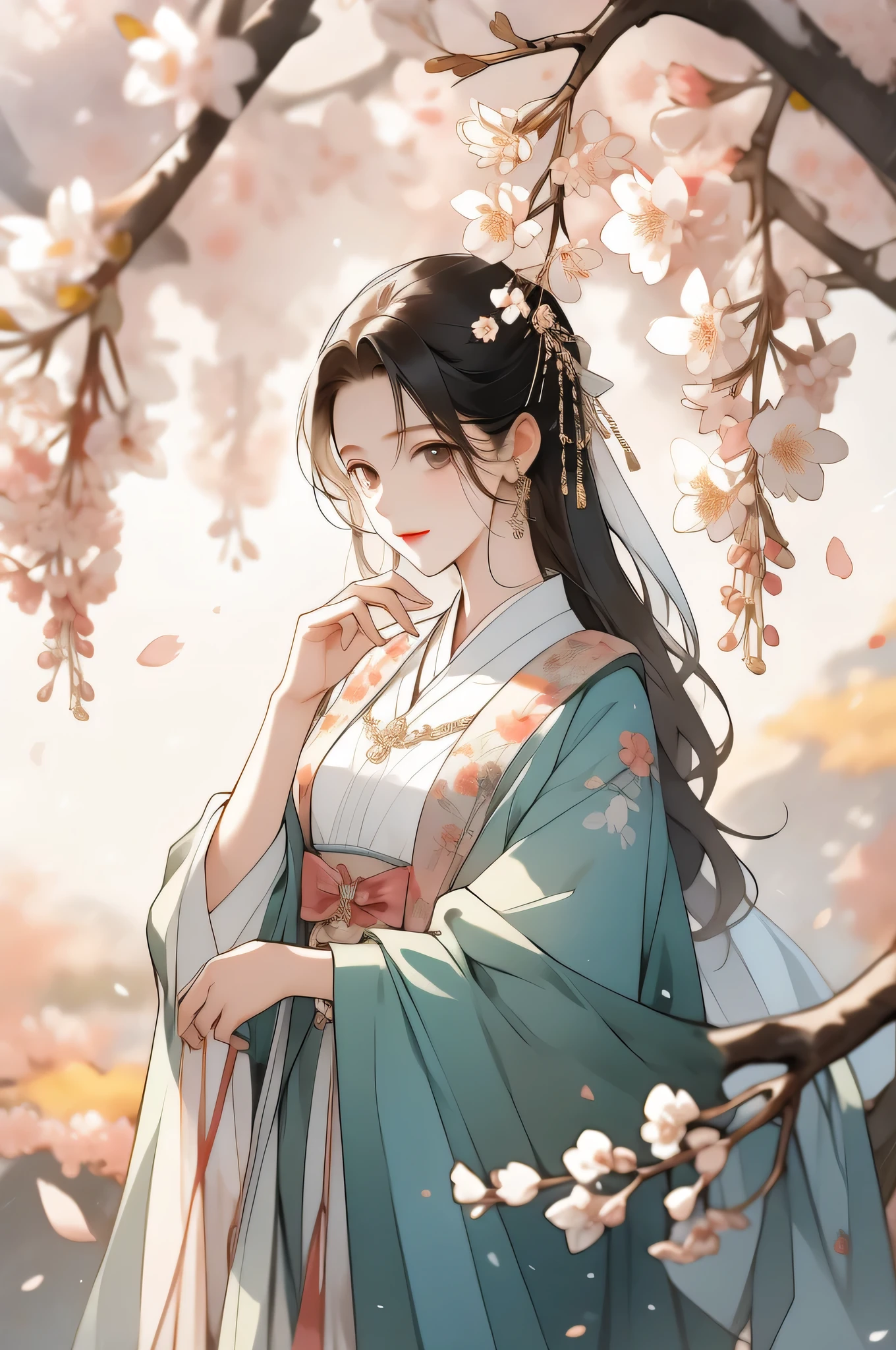cherrie_blooming flower, fall_petals, Alone,1 girl,upper part of body, looking at viewert,