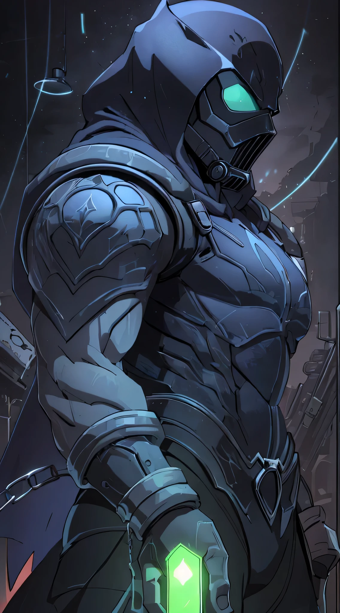 top-quality、Top image quality、masterpiece、One character((Combat Armor、black full face mask,Black spacesuit、gas masks、right hand chain、crowbar in left hand、well-muscled、Green glowing body line、bulletproof vest、fighting poses)),hiquality、Beautiful Art、Background with((Inside the spacecraft、dark ilumination、Dark smoke、broken cable))、masutepiece、Elaborate design、visualart、Perfect Art、Horror movie style、large amounts of isomers