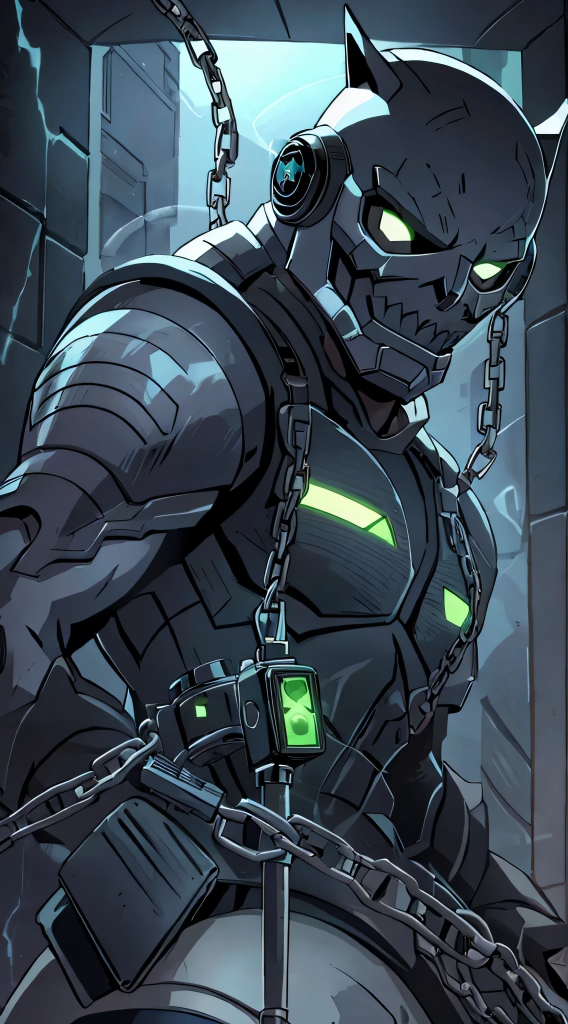 top-quality、Top image quality、​masterpiece、One character((Combat Armor、black full face mask,Black spacesuit、gas masks、right hand chain、crowbar in left hand、well-muscled、Green glowing body line、bulletproof vest、fighting poses)),hiquality、Beautiful Art、Background with((Inside the spacecraft、dark ilumination、Dark smoke、broken cable))、masutepiece、Elaborate design、visualart、Perfect Art、Horror movie style、large amounts of isomers