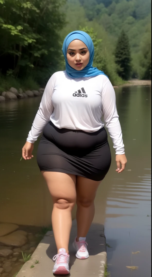 ((HIJAB MALAY GIRL)), ((BBW)), SHORTS, HUGE WIDE BUTT, WIDE BUTT, 63 YEAR OLD METURE women's, METURE women's, (ROSE LIPS), (ADIDAS SNEAKERS), (TIGH SKIRT), walking in style on a Village river, (ANGRY FACE EXPRESSION), TRANSPARENT, STAYING, THICK FOG. FOGGING,