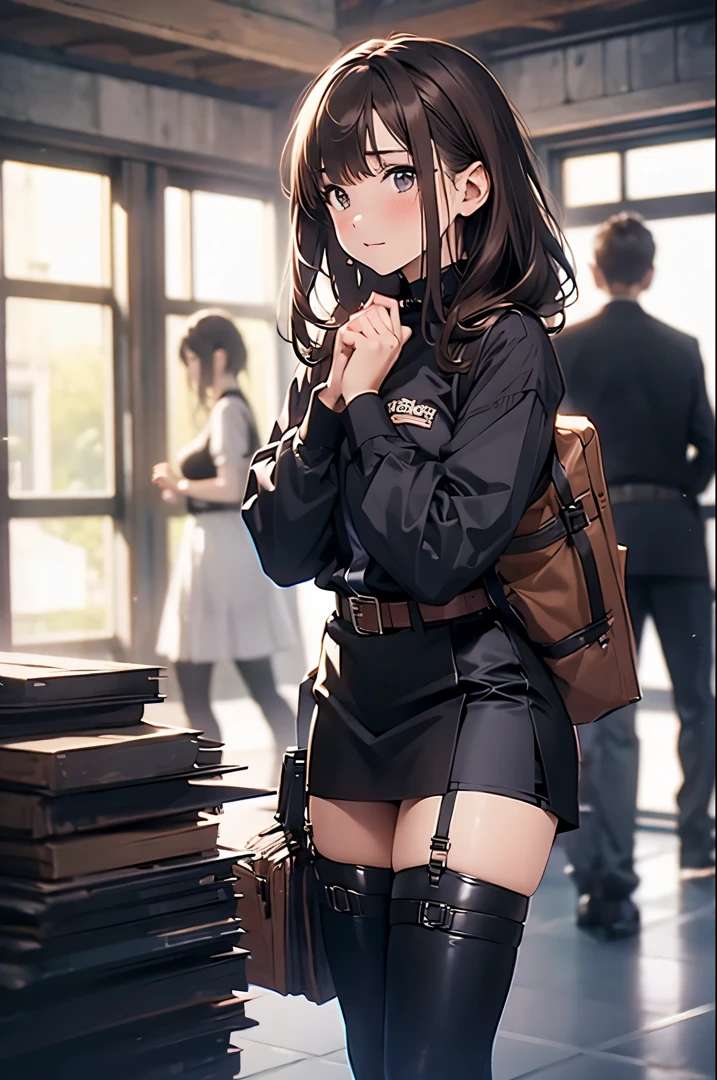 Brown hair、watching at viewers　　　black suspenders　　　Bulging big breasts　　 　 　　　walls: 　Black miniskirt　garters　　　　　　Gaze　　　Small face　bangss 　　　holster　　　Beautuful Women　　hands up　　レッグholster ベッドに横たわる　　Gaze 　black boots panty shot　provocation　flank　flank汗　soio 　　Fold your hands behind your back　a belt