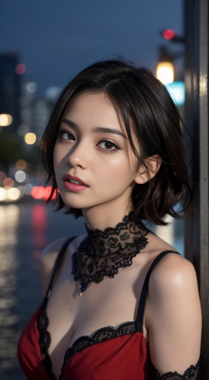 ((NECK LACE)), ((GOTH GIRL BLACK EYELASHES & LIPS)), ((BLACK LIPS)), ((shorthaircut:1.3)), adorable, 1 girl, (face to face), 10 years old, baby face, happy, half body portrait, (face details: 1), (eye details: 1), ((tiny breasts)). ((croptank)), ((net stockings))