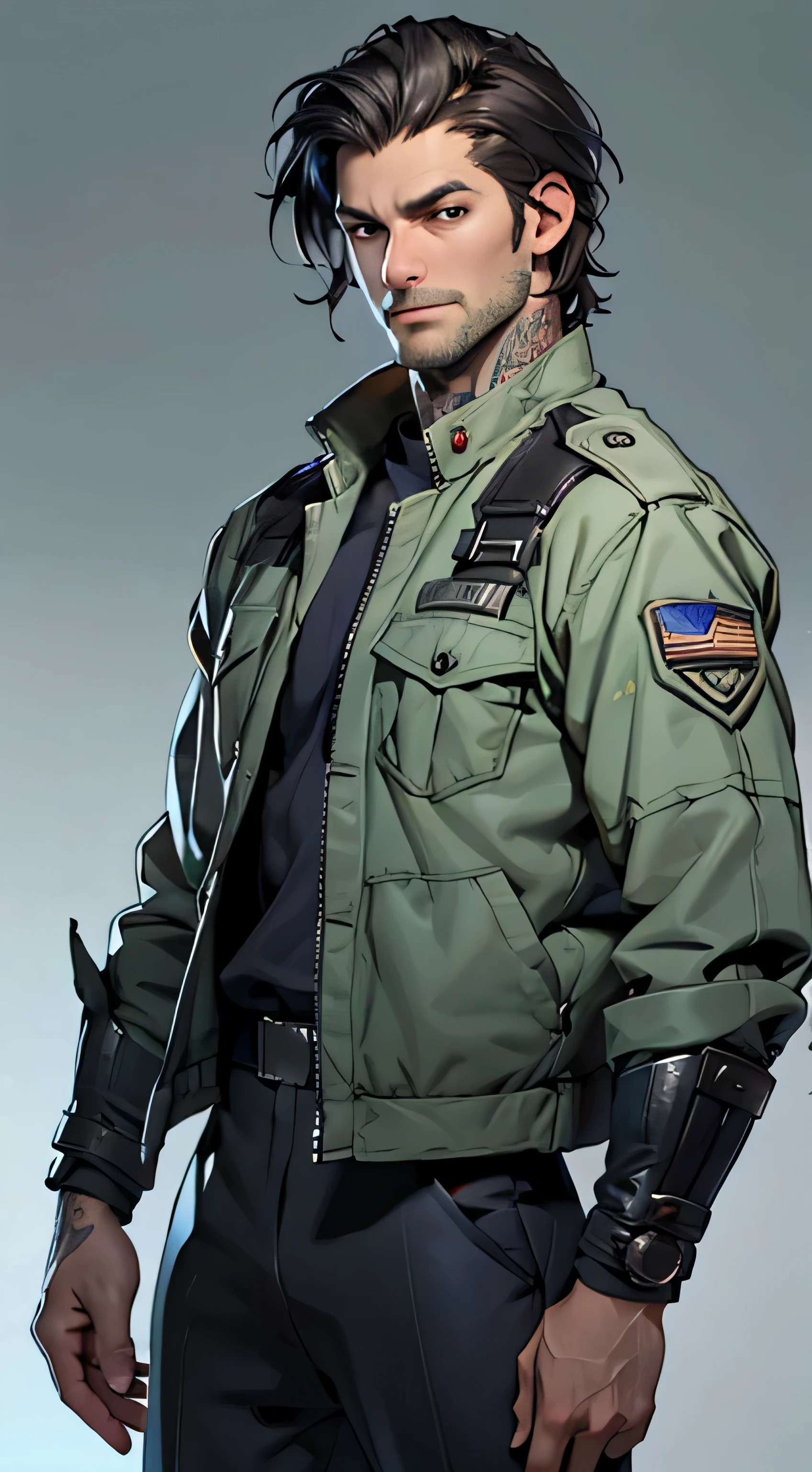 11:23(((Best quality at best: 1.4))),(Unbeatable masterpiece), (hyper HD),(Hyper-realistic 8k CG)、(dark colored hair) ((( body))), (((1 uncle))), 45-year-old American soldier with perfect body,,Beautiful and well-groomed face,muscular body:1.2,Solid royal blue jacket with details, (Pictures from head to thighs), strong,Complex equipment, Wearing a soldier's uniform,long trousers,The clothes inside are dark,Clothes with armored metal electronic parts, Poison tattoos )