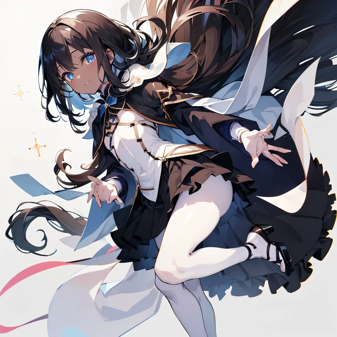 (masutepiece:1.2, Best Quality), (Best Illumination, extremely delicate and beautiful), [(1 girl in:1.5),(choco skin:1.5), smile, (sparkling navy blue eyes:1.3), (black hair:1.5) , flat chest,small stature,slender beauty,black coat, (blackskirt:1.5)Full body],(Pale white background:1.5),