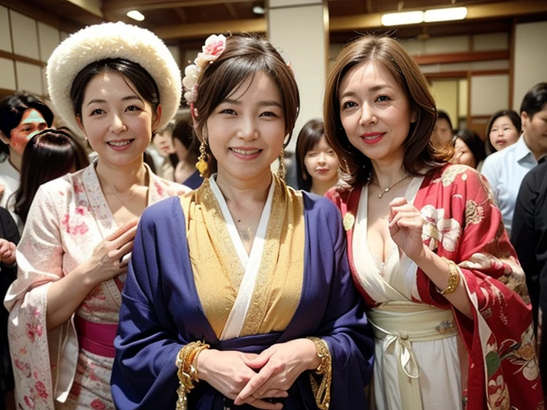 (high-level image quality、hightquality、hight resolution、detaileds、masterpiece)、(There are mature and beautiful women)、(Looking at the camera:1.2)、a smile、(Japanese style hairstyle with a beautiful hairpin)、(Bright blonde hair)、(being thin:1.2)、(Small:1.2)、(Japanese-style lingerie with large decorations:1.2)、(Garter belt with collar, bangles, and kimono-style decorations:1.3)、(holding a golden dragon in both hands)、The pose is so cute and nice、(Visiting a shrine for the first time in a crowd of people:1.2)