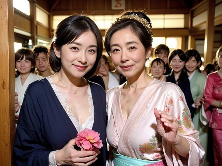(high-level image quality、hightquality、hight resolution、detaileds、masterpiece)、(There are mature and beautiful women)、(Looking at the camera:1.2)、a smile、(Japanese style hairstyle with a beautiful hairpin)、(Bright blonde hair)、(being thin:1.2)、(Small:1.2)、(Japanese-style lingerie with large decorations:1.2)、(Garter belt with collar, bangles, and kimono-style decorations:1.3)、(holding a golden dragon in both hands)、The pose is so cute and nice、(Visiting a shrine for the first time in a crowd of people:1.2)