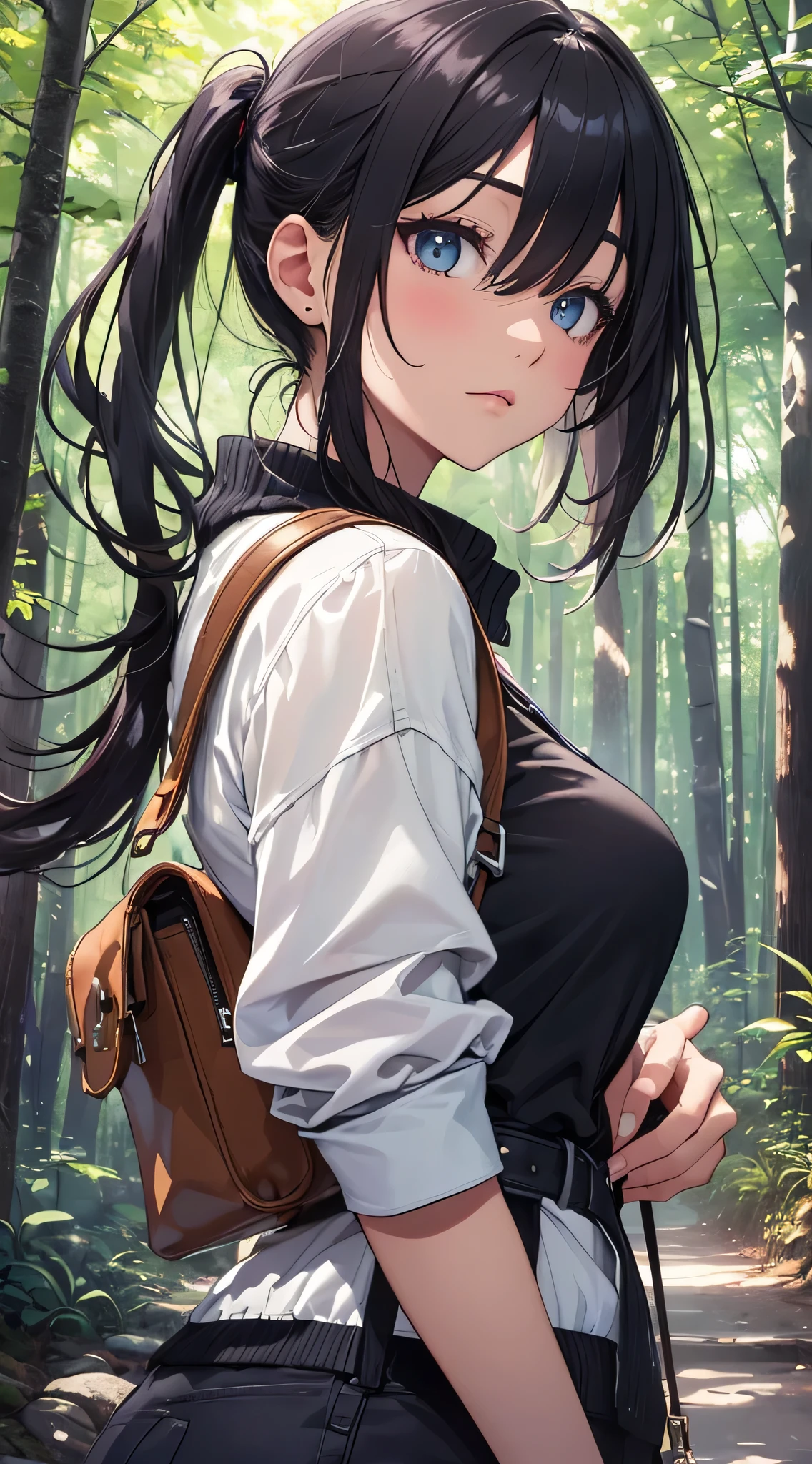 top-quality、Top image quality、​masterpiece、teens girl((18year old、 Ager、Best Bust、Medium bust,wide open breast tea、light blue eyerest, bionde、poneyTail、A slender,Large valleys、Yellow jacket、black glow black tank top、military pantle rucksack、flash lights、行走、Tired face)),hiquality、Beautiful Art、Background with((jpn、Mt fuji、mountain road、the woods、natta))masutepiece、depth of fields、movie、visualart、Perfect Art