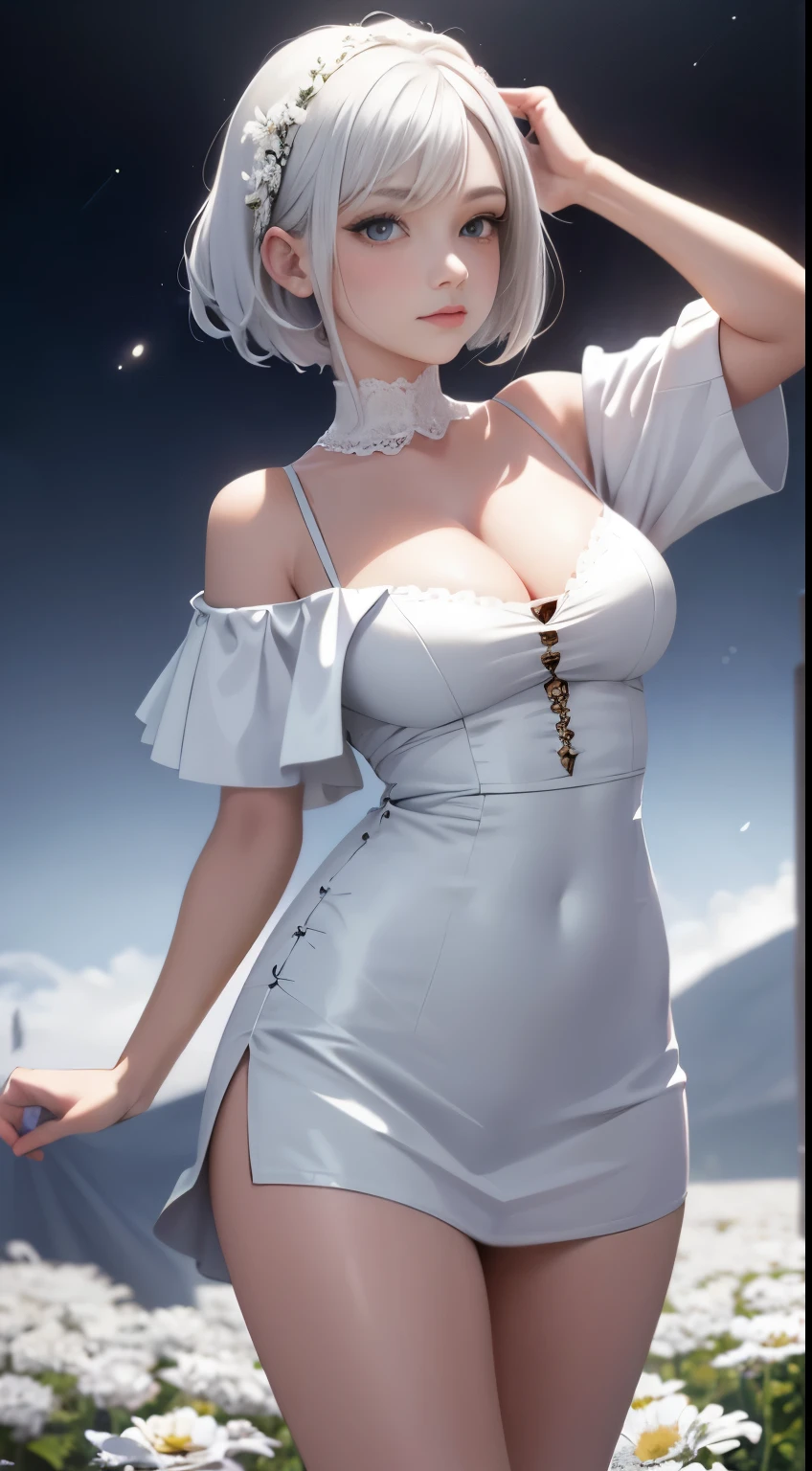 tmasterpiece,Bust Photo,Up-close, best qualtiy, 1girll, Off-the-shoulder clothing,cleavage,Raised sexy,(white color hair),short detailed hair, standing on your feet, flower field, behind arms, natta, starrysky, closing eye, A faint smile,Bust Photo,high definition detail,4K,elegant appearance
