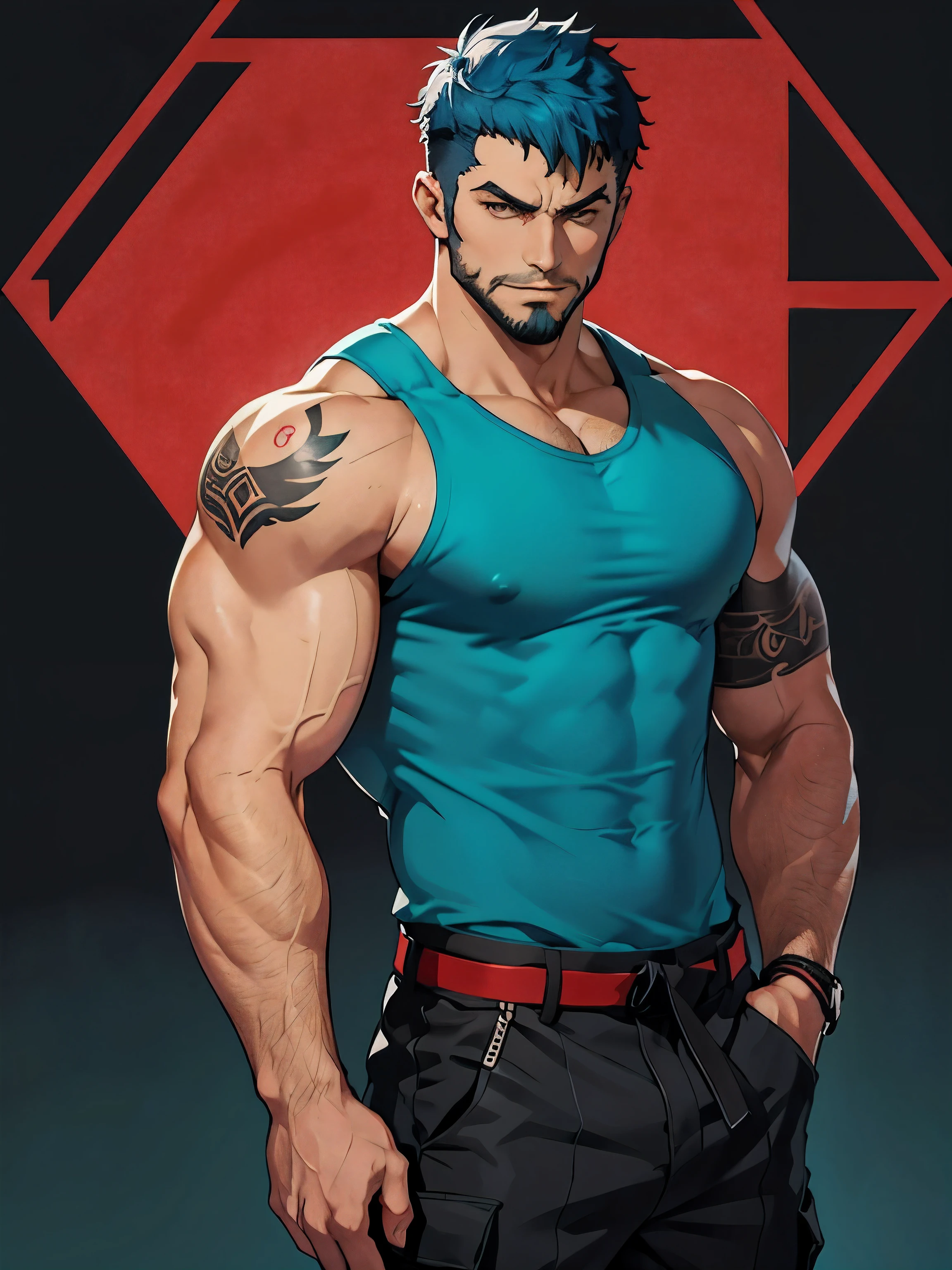 dois personagens, ambos de frente um para o outro, in fighting stances Dojo Background, com jogo Persona 5 Artsyle, First character a muscular young man with cyan blue hair with low cut hair and a tank top and cargo pants has a short trimmed beard with no tattoos badass has a relaxed expression, The second character is a young man with a small beard wearing a karate uniform, he is very large and muscular, he has long black hair, he has a serious expression, a hairless body