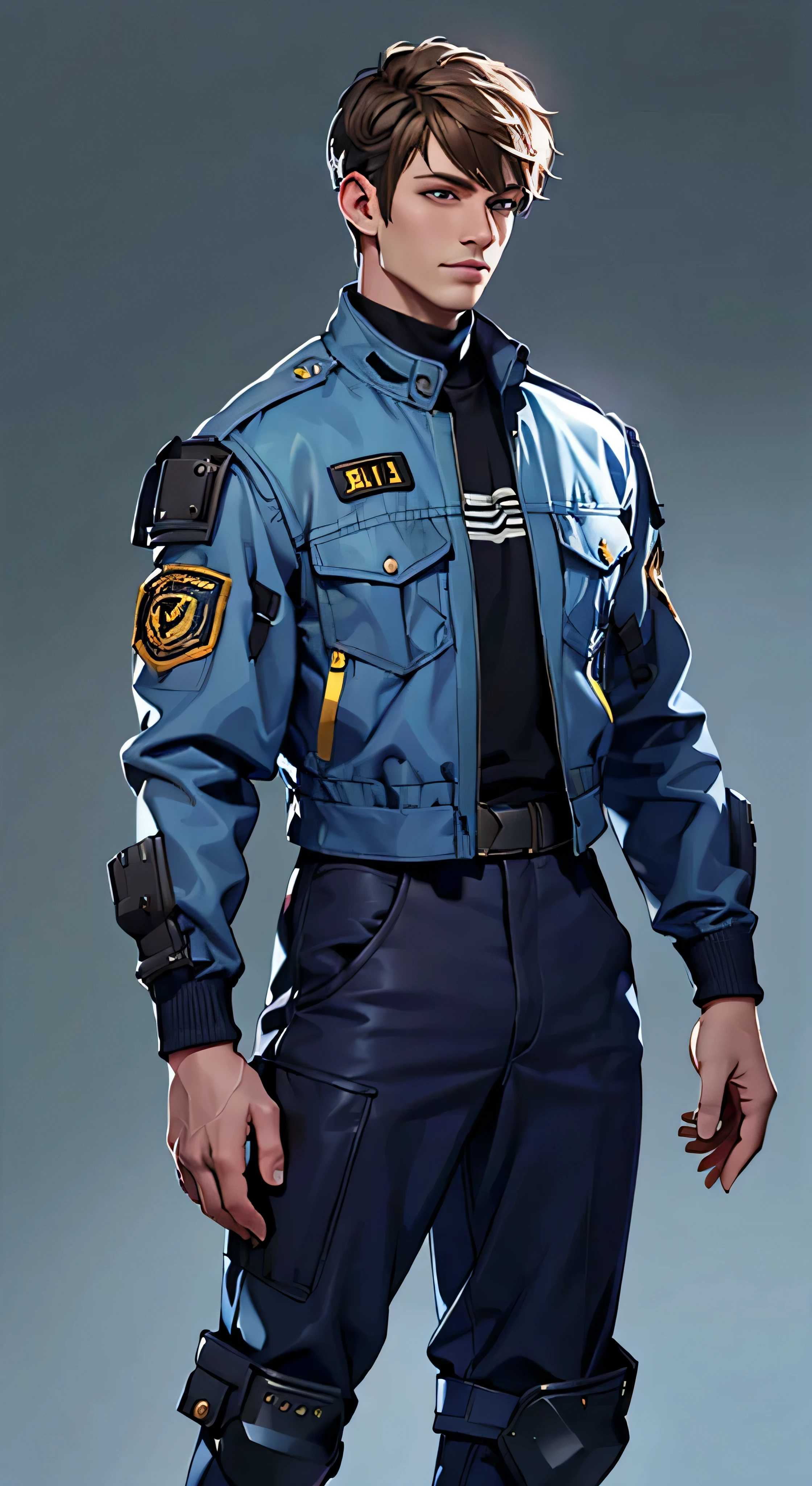 11:23(((Best quality at best: 1.4))),(Unbeatable masterpiece), (hyper HD),(Hyper-realistic 8k CG)、(dark colored hair) ((( body))), (((1男性))), 40-year-old American soldier with perfect body,,Beautiful and well-groomed face,muscular body:1.2,Solid royal blue jacket with details, (Pictures from head to thighs,Complex equipment,long trousers,The clothes inside are dark,Clothes with armored metal electronic parts, )