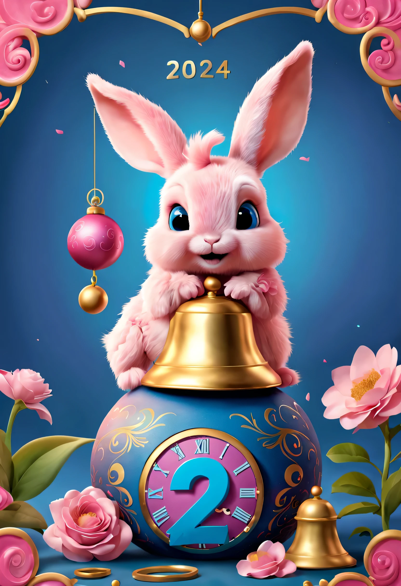 new year 2024'New Year's Eve Poster Design,Pink and blue as main colors,(In the center of the poster is a golden bell with the time 12 o'bell),()There is a cute bunny and a baby dragon above and below the bell),hairy curly hair,Happy,Describe the past and future respectively,Golden Numbers 2023 and 2024,connected by love,fresh flowers,3 Rendering,number art,Made by Pixar,,And so cute