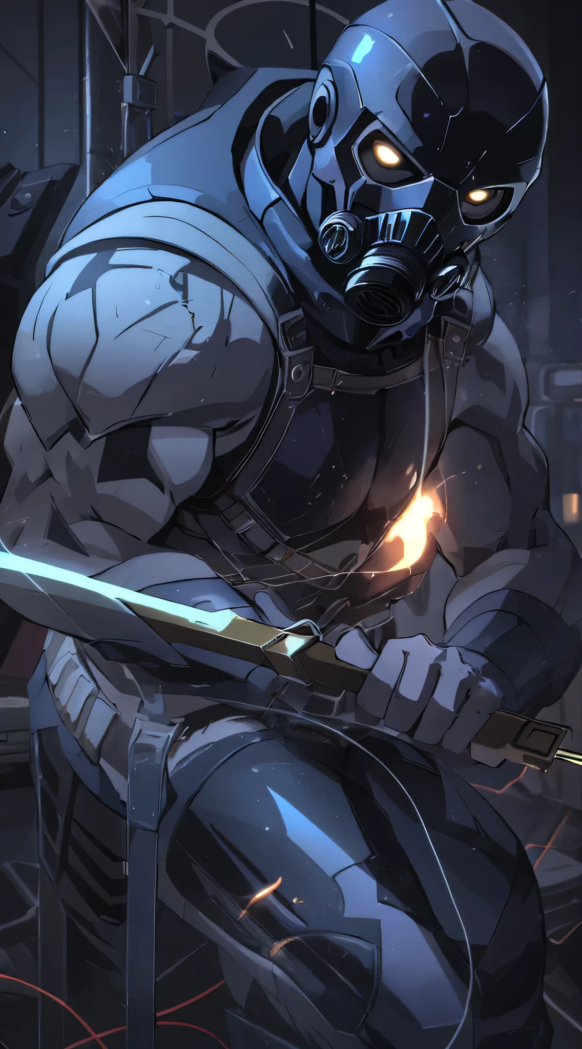 top-quality、Top image quality、masterpiece、One character((Combat Armor、black full face mask,Black spacesuit、gas masks、Holding a knife in your right hand、hold a crowbar in your left hand、well-muscled、Green glowing body line、bulletproof vest、fighting poses)),hiquality、Beautiful Art、Background with((Inside the spacecraft、dark ilumination、Dark smoke、broken cable))、masutepiece、Elaborate design、visualart、Perfect Art、Horror movie style、large amounts of isomers