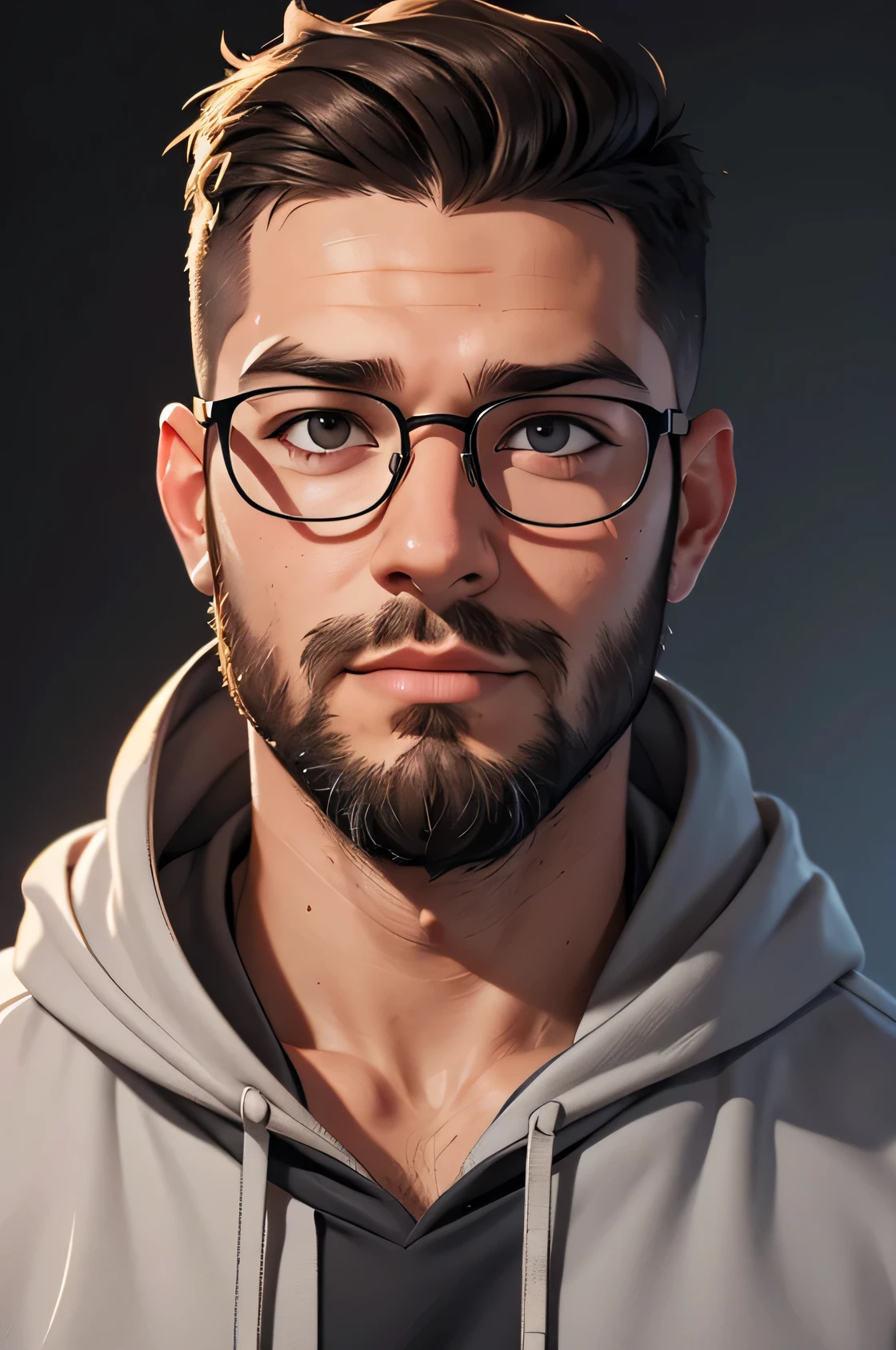 young guy with glasses and a beard wearing a light gray hoodie, headshot profile picture, halfbody headshot, looking straight to camera, portrait 8k, front portrait, professional profile picture, mid shot portrait, portrait photo profile picture, close - up portrait shot, wide-angle portrait shot, short hair