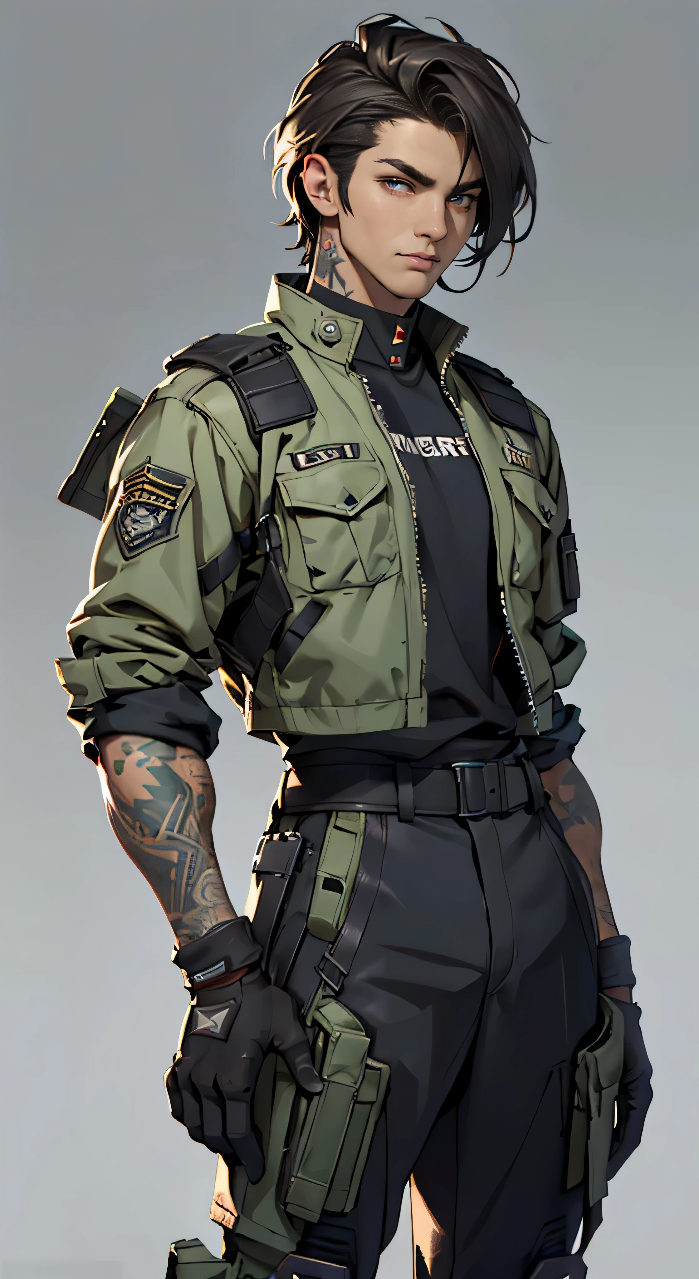 11:23(((Best quality: 1.4))),(Unbeatable masterpiece), (hyper HD),(Hyper-realistic 8k CG)、（of clothes&#39;University teacher&#39;don&#39;t show your waist）（dark colored hair） ((( body))), (((1 person in))), 25-year-old American soldier with perfect body,,Beautiful and well groomed face,muscular body:1.2,detailed solid color jacket, (Pictures from head to thighs)， Complex equipment, Dark Green，long trousers，Close-fitting clothes are dark，With white stars and off-white stripes,,,,,Metal electronic parts for armor, Poison tattoos )