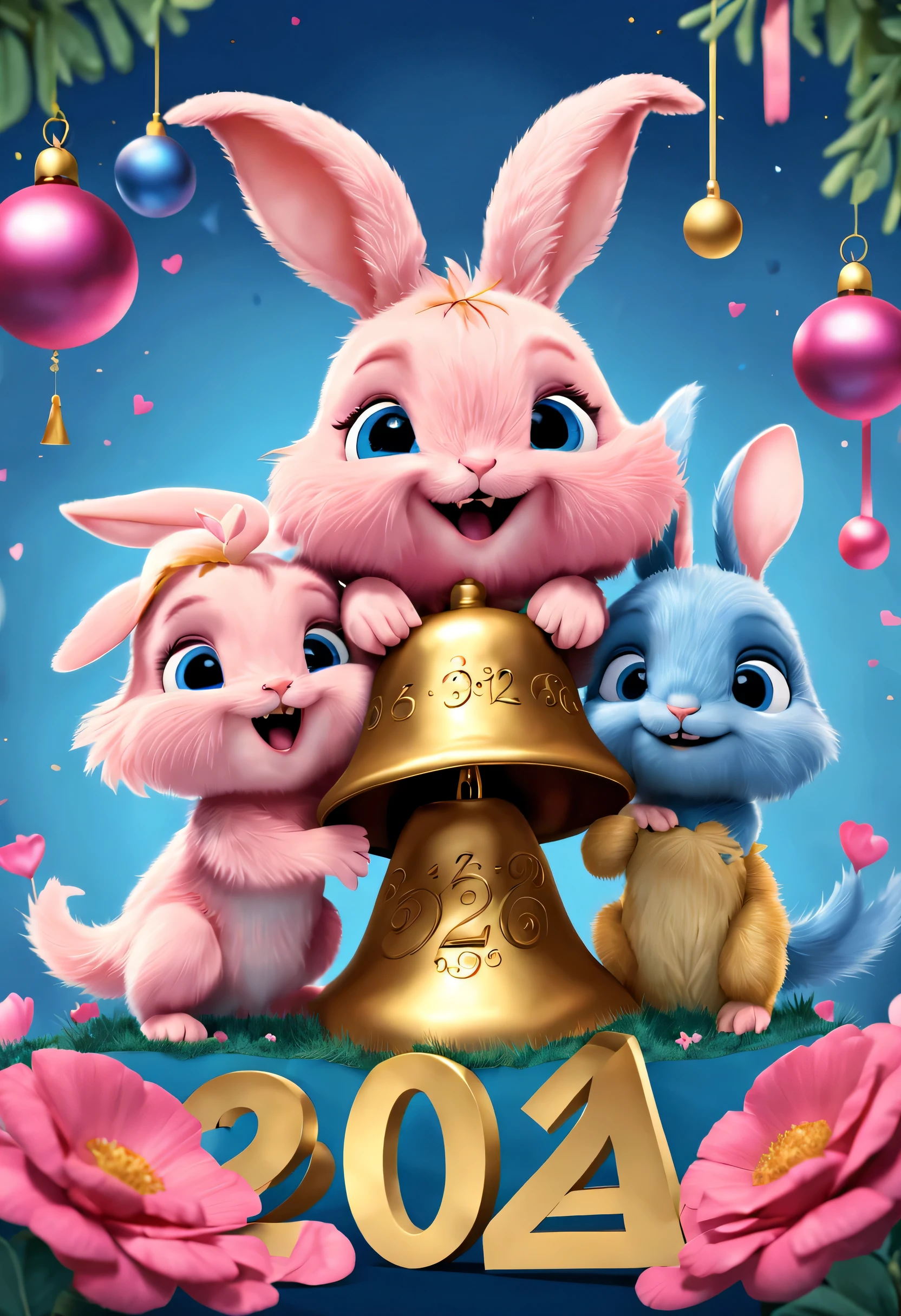 2024 年new year&#39;new year&#39;New Year&#39;s Eve Poster Design，Pink and blue as main colors，（In the center of the poster is a golden bell with the time 12 o&#39;bell），There is a cute baby bunny and a baby dragon above and below the bell，hairy curly hair，Happy，Describe the past and future respectively，Golden Numbers 2023 and 2024，connected by love，fresh flowers，3 Rendering，number art，Made by Pixar，，And so cute