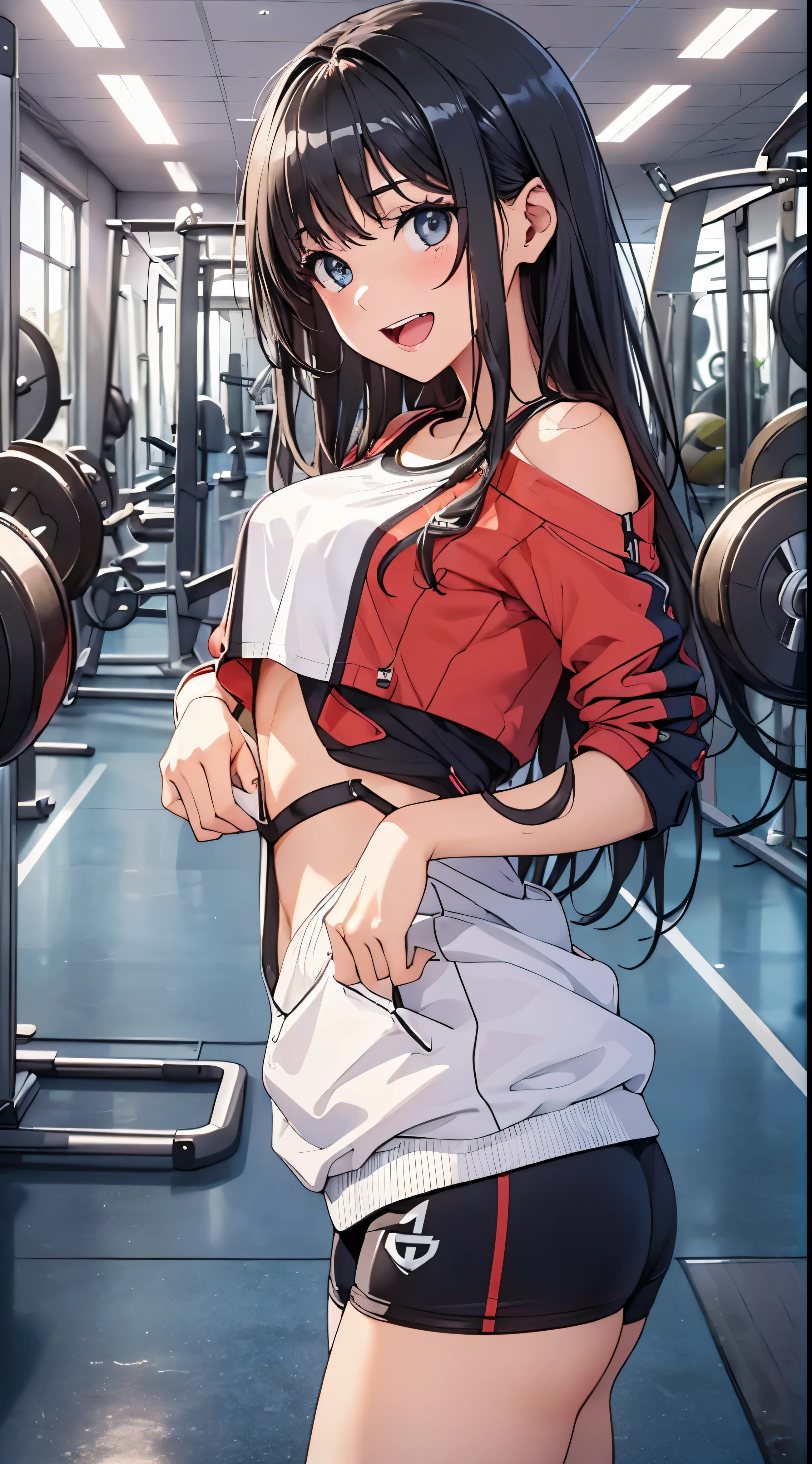 1womanl,Black hair,14years ,(()),Beautiful breasts,(((sexy white shiny gym clothes and shorts)))(())(((Blushing cheeks、Smile with open mouth)),(((Satin Narico))),((( portlate))),Crowds,White gym clothes and shorts,