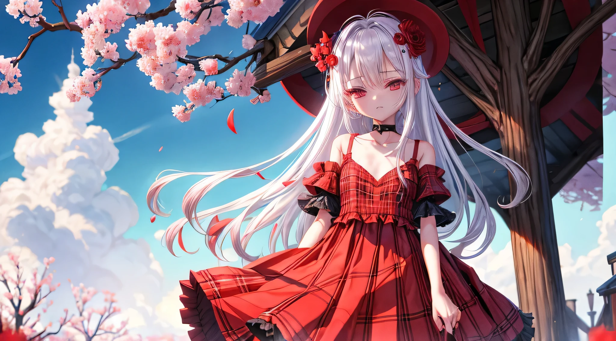 red blindfold、a pretty girl、独奏、and soul、lightly dressed、Plaid mini skirt、flower with petals、wetting hair、v neck、black t shirt trees、cherry tree、Sea of Clouds