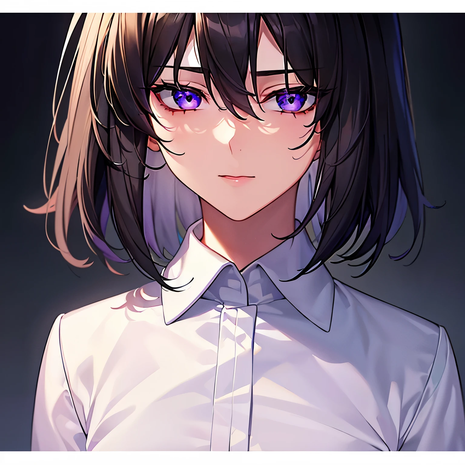 school uniform, black blazer, Tight shirt, animated, Only the upper body and head can be seen, best detailed girl, focus on face, view straight on, sweat, Perfect female body, woman, 20 years old, very short hair, eyes visible through hair, hair intakes, detailed black hair, beatiful detailed hair, handsome, insanity, cosmic eyes, Lavender eyes, white skin, beautiful hair ornaments, White clothes, whiteshirt, corrugated, finely detail, wallpaper, Very detailed CG unified 8k wallpaper, extremely detailedmasterpiece,