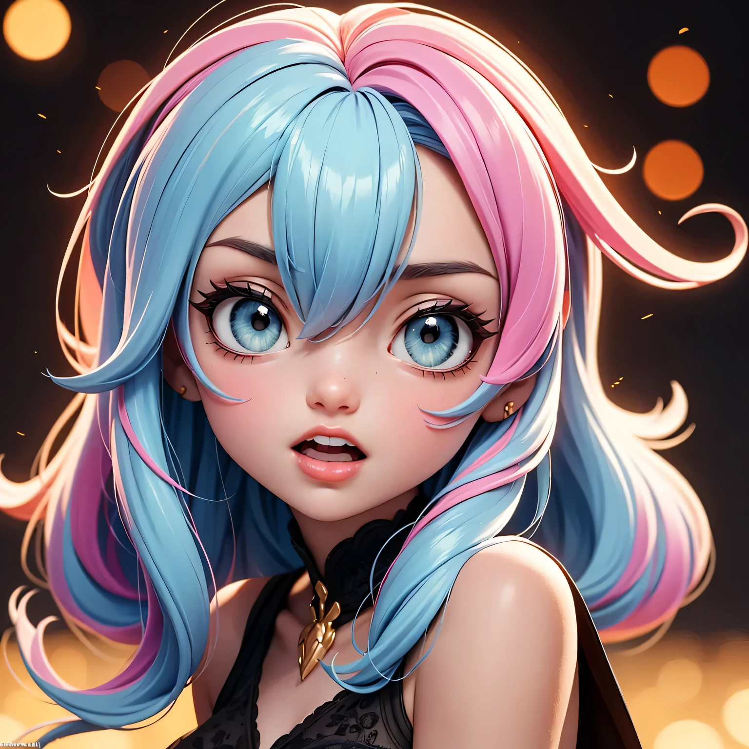 ultra real photo vibrant pastel colors illustration, joyful Kizuna AI, perfect hourglass figure, perky chest, wearing a long dress, detailed hips, concept art, rule of thirds, insane details, intricate details, hyperdetailed, warm shot, by Carne Griffiths, soft orange-pink hair, blue pupils, ultra tight thigh-highs, ultra warm stage lights background, candy fashion, trending on artstation, 8k, perfect anatomy, ultra soaked in milk skin, epic lighting, high contrast, ultra skin indentation, delicate, high quality, ultra real photo, intricate face, cute accessory, warm pastel background color, colorful, color grading, (ultra wide angle:1.5), depth of field, hyperdetailed, insane details, intricate details, (lut:1.5), art by (Oana Rinaldi:1.5),
