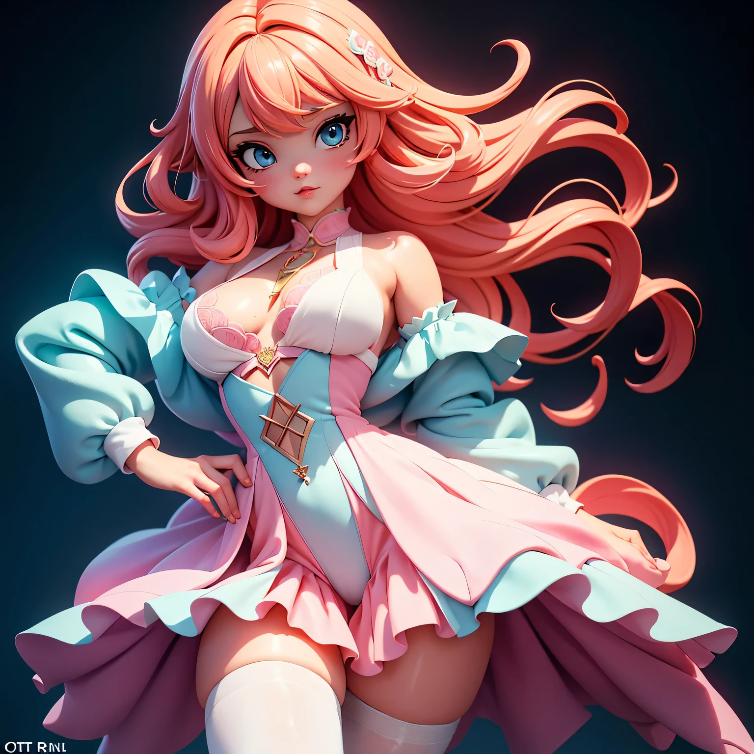 ultra real photo vibrant pastel colors illustration, joyful Kizuna AI, perfect hourglass figure, perky chest, wearing a long dress, detailed hips, concept art, rule of thirds, insane details, intricate details, hyperdetailed, warm shot, by Carne Griffiths, soft orange-pink hair, blue pupils, ultra tight thigh-highs, ultra warm stage lights background, candy fashion, trending on artstation, 8k, perfect anatomy, ultra soaked in milk skin, epic lighting, high contrast, ultra skin indentation, delicate, high quality, ultra real photo, intricate face, cute accessory, warm pastel background color, colorful, color grading, (ultra wide angle:1.5), depth of field, hyperdetailed, insane details, intricate details, (lut:1.5), art by (Oana Rinaldi:1.5),