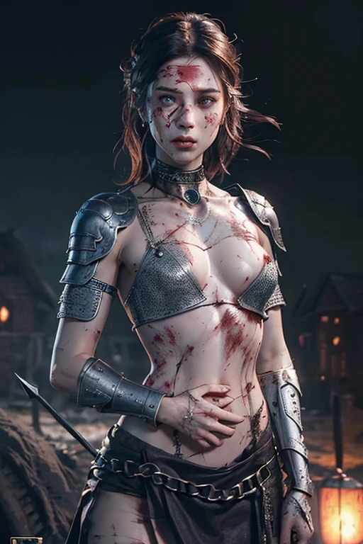 best quality, masterpiece, fairly detailed 16K CG unity wallpaper, dark fantasy, authentic, grotesque, (photorealistic, raw photography:1.3), professional photo, cinematic lighting, (depth of field, sharp focus:1.2), (correct anatomy, realistic skin texture:1.5), pov, ((from front view:1.3)), 1 girl, (female warrior:1.5), solo, looking at viewer, ((cowboy shot:1.4)), teen, , black hair, (ponytail:1.1), short hair, intricately detailed skin, dark eyes, ultra-realistic eyes, (tears:1.4), fairly detailed nose and lips, sad, kneeling, ((injured:1.5)), ((chain mail and iron armor:1.3)), slender, medium breast, (((lethal injury, badly wounded:1.3))), (((1 spear pierces the girl's chest, bleeding from the chest wound:1.5))), (((gore, bloody:1.4))), (((outdoor, vandalized village, battlefield:1.2)))