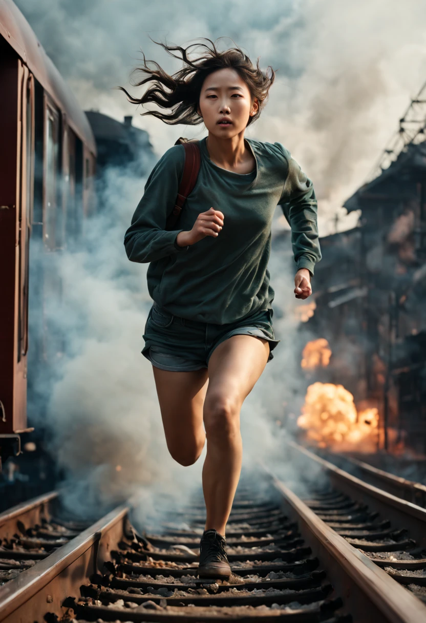 white korean girl, running on the top roof of a train, running on the top roof of a train, towards a big explotion and fires, (best quality,4k,8k,highres,masterpiece:1.2),ultra-detailed,(realistic,photorealistic,photo-realistic:1.37), intense emotions, vibrant colors, cinematic lighting, ethereal atmosphere, dynamic composition, obscured background, surrealistic scenery, blurry motion, dramatic contrast between light and dark, surreal elements, smoke and steam effects, shallow depth of field, mysterious and captivating, dreamlike aesthetic, mesmerizing visual narrative, luscious greenery, stunning visual impact, intense cinematic experience, perfect hand, perfect hand, perfect hand, perfect hand, perfect face, perfect face, perfect face, perfect face