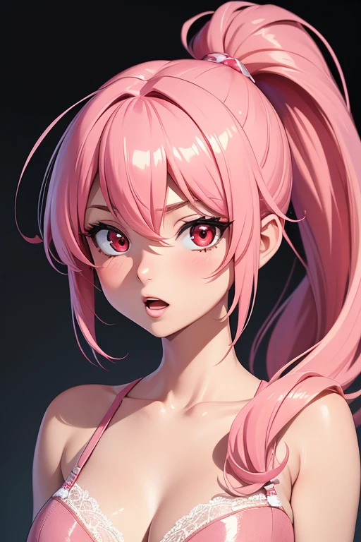 glowart: 1.0), (bright, sketch, drawing: 1.0), 1girl, bangs, red eyes bright relucent light in hair, blush, collarbone, hair between eyes, long hair, looking at viewer, bra, open mouth, pink hair, portrait, shiny, shiny hair, side ponytail,