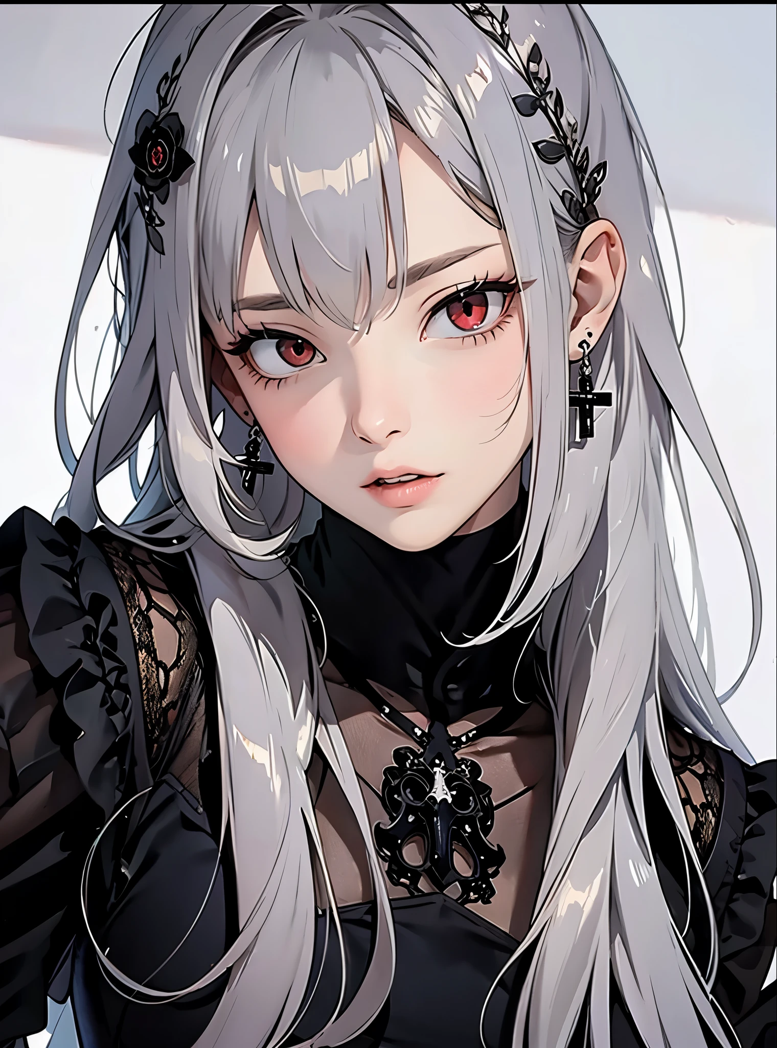 Diabolical、wearing a naughty dress、Red Eyes、Wearing a black aura、gazing at viewer、Best image、masutepiece、Cross earrings、Pretty Woman、sexy dress、