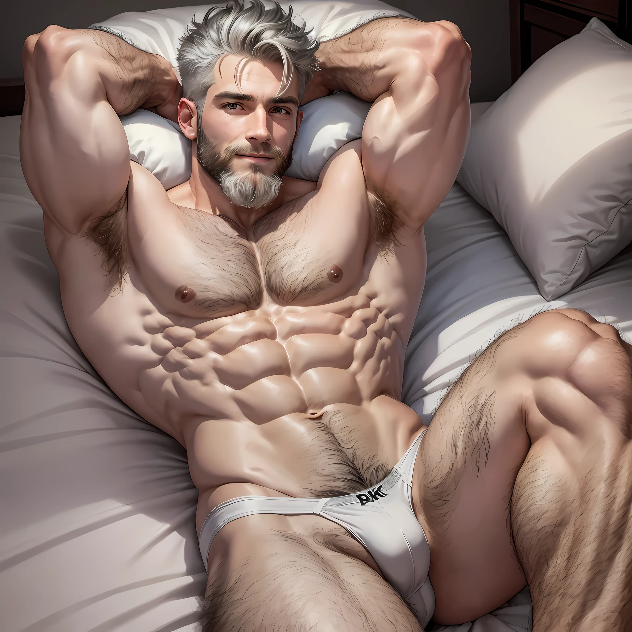 ((Qualidade Superior, 8k, master part: 1.3)), garoto em forma deitado na cama sem camisa, grande em cuecas brancas transparantes, peito peludo::1.7, white sheet::1.5, crew cut, Top view(Foco masculino), sovaco, Macho shape, Macho, Rough, Levantou , huge bulges, y, anatomia correta, barba:: cabelos grisalhos, Olhos dourados claros, fotorrealista, model, corpo inteiro, Quase nua, sorridente