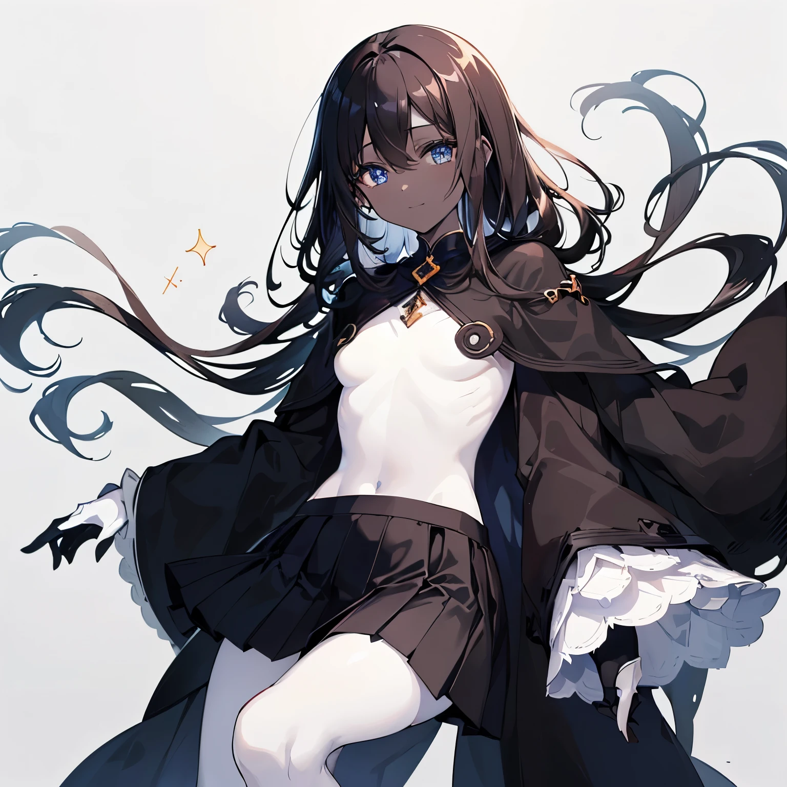 (masutepiece:1.2, Best Quality), (Best Illumination, extremely delicate and beautiful), [(1 girl in:1.5),(choco skin:1.4), smile, (sparkling navy blue eyes:1.3), (black hair:1.5) , flat chest,small stature,slender beauty,(black coat:1.5), (blackskirt:1.5)Full body],(Pale white background:1.5),