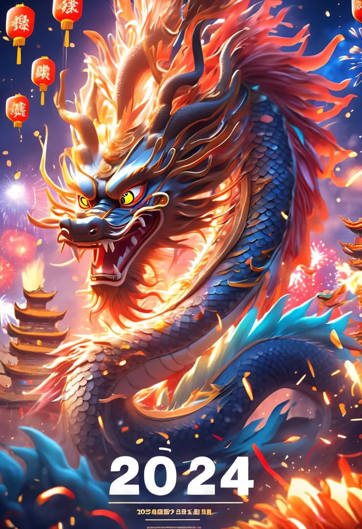 Holiday poster: (2024) new year, com mascot: Cartoon Chinese dragon,Background with: A grand fireworks display lights up the sky,(Best quality at best,4K,A high resolution,tmasterpiece:1.2),ultra - detailed,(actual,photoactual,photo-actual:1.37)