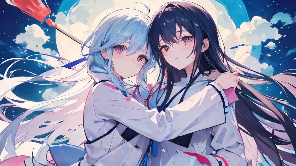 paint brush colors in the sky, group of friends, anime characters, all hugging one another, all visible in the picture
