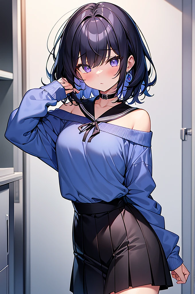 (Highest quality, 8k, Oil, Tabletop:1.2), Very detailed, (Realistic, Realistic:1.37), (((Full Body Shot)))、Bright colors, (((Disappointed look)))、(((Black and blue polka dot outfit)))、(((Blue camisole)))、(((20Women of a certain age)))、(((A little bit of chest is visible)))、Studio Lighting,Long Hair、Twin tails、Red eyes、Purple Hair、hair band、 ((( White Background))), (((I'smile)))、((()))、(((Pure white wall background)))、(((In front of a white wall)))、(((Cover your mouth with your hand)))、