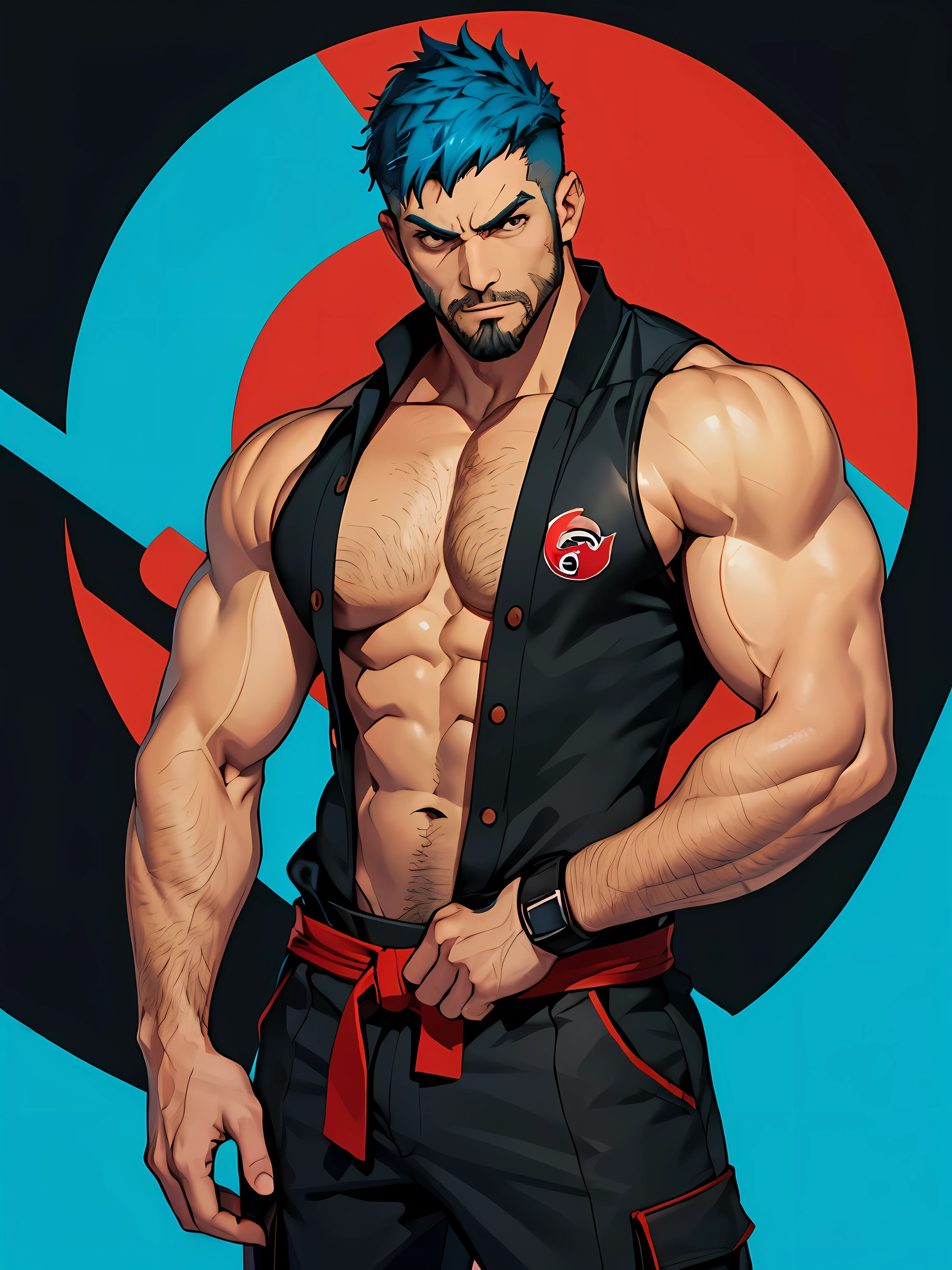 dois personagens, ambos de frente um para o outro, in fighting stances Dojo Background, com jogo Persona 5 Artsyle, First character a muscular young man with cyan blue hair with low cut hair and a tank top and cargo pants has a short trimmed beard with no tattoos badass has a relaxed expression, The second character is a young man with a small beard wearing a karate uniform, he is very large and muscular, he has long black hair, he has a serious expression, a hairless body